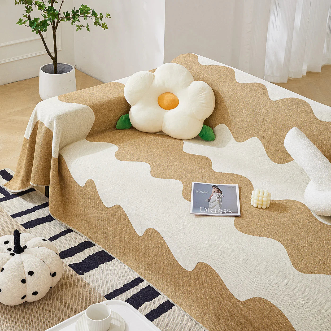 Chenille Minimalist Wavy Sofa Throw Cover, Cozy Blankets for Couch, Machine Washable Couch Protector - TaroTextile