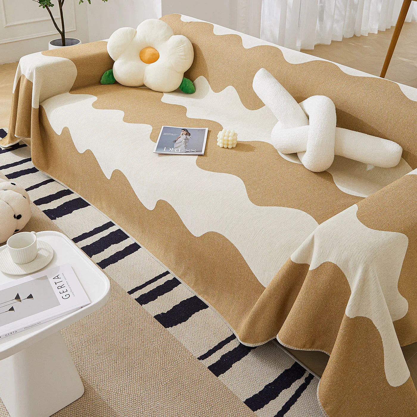 Chenille Minimalist Wavy Sofa Throw Cover, Cozy Blankets for Couch, Machine Washable Couch Protector - TaroTextile