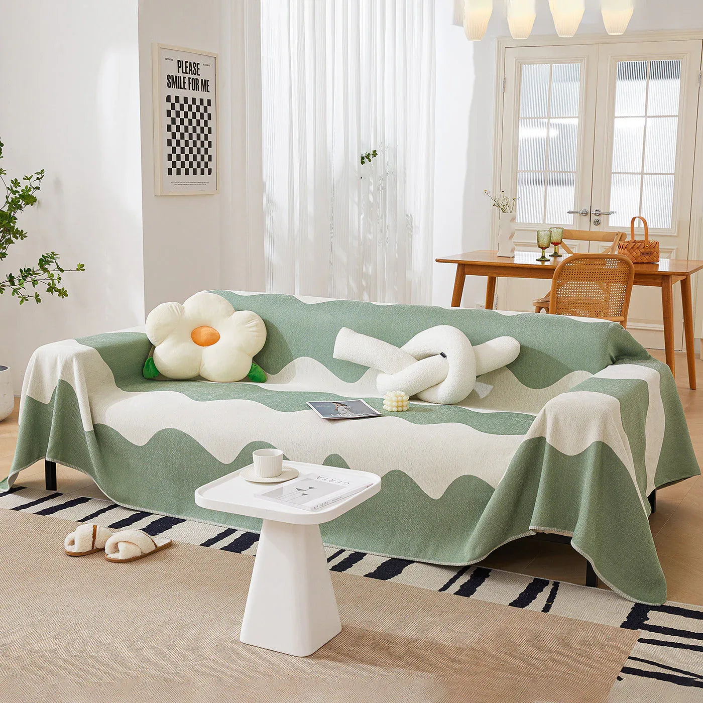 Chenille Minimalist Wavy Sofa Throw Cover, Cozy Blankets for Couch, Machine Washable Couch Protector - TaroTextile