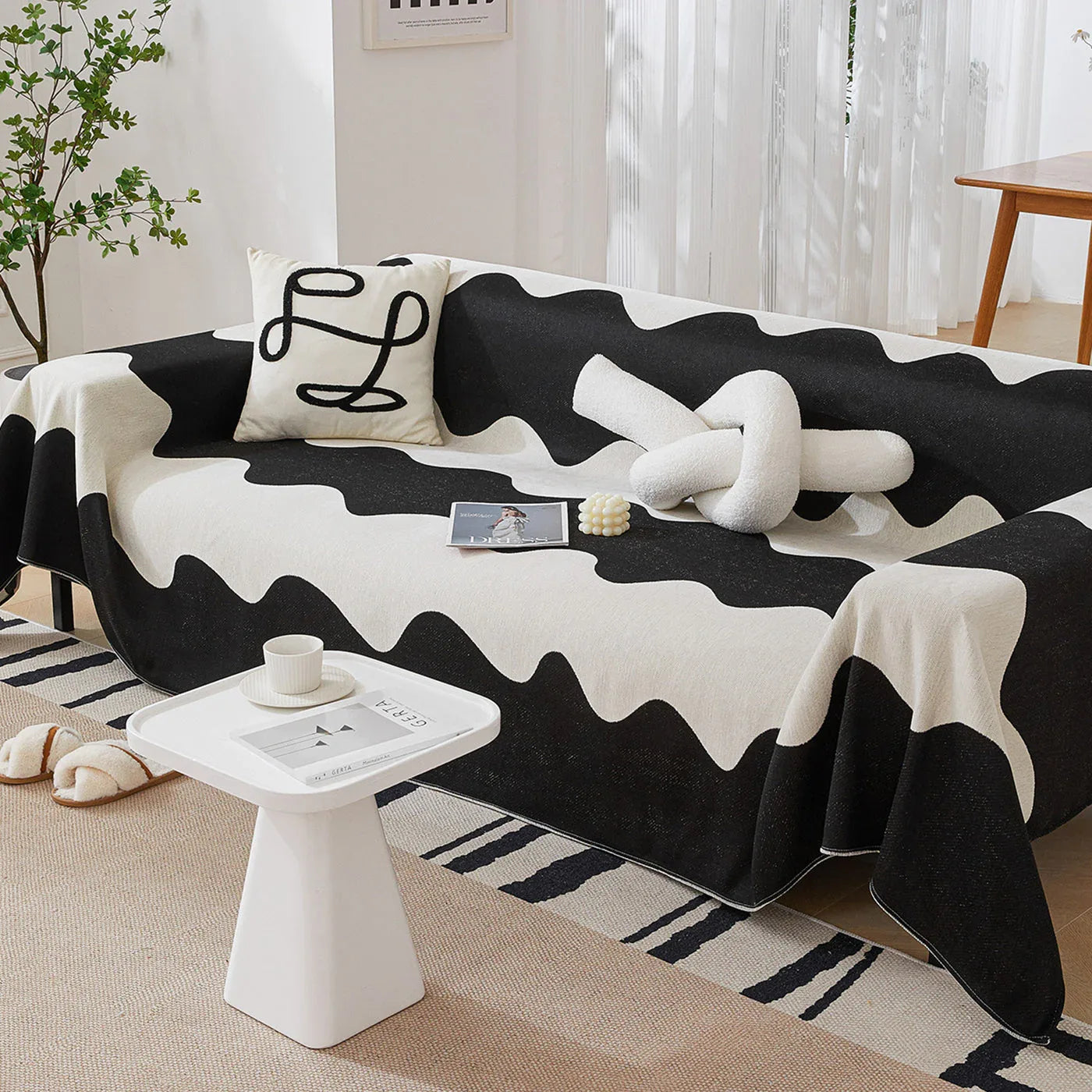 Chenille Minimalist Wavy Sofa Throw Cover, Cozy Blankets for Couch, Machine Washable Couch Protector - TaroTextile