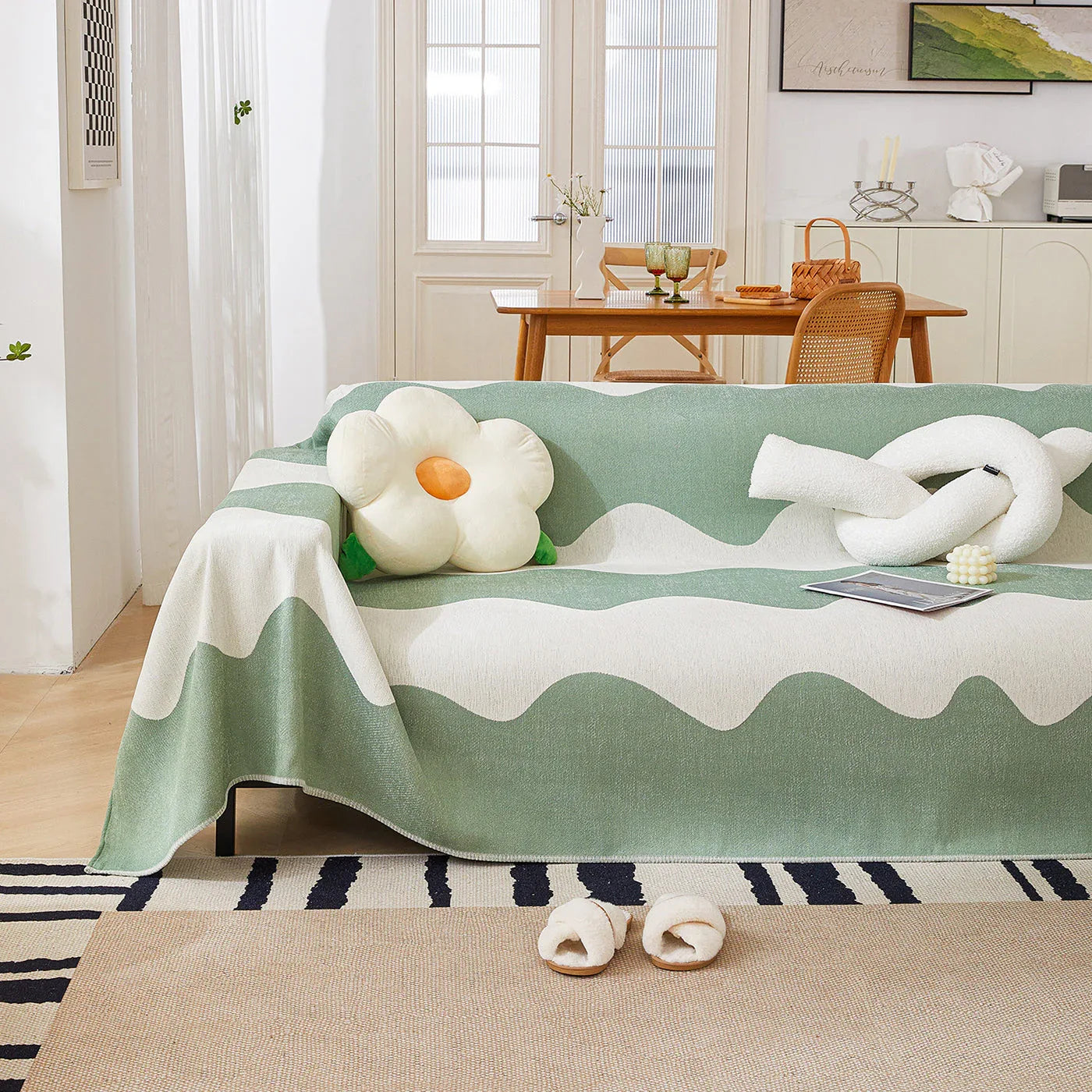 Chenille Minimalist Wavy Sofa Throw Cover, Cozy Blankets for Couch, Machine Washable Couch Protector - TaroTextile