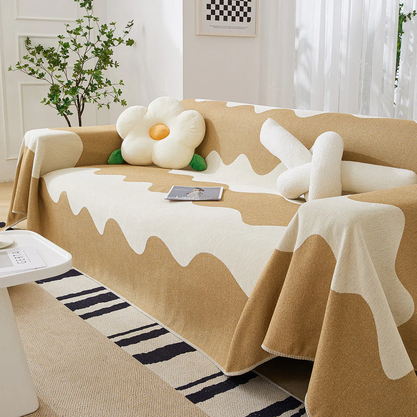 Chenille Minimalist Wavy Sofa Throw Cover, Cozy Blankets for Couch, Machine Washable Couch Protector - TaroTextile