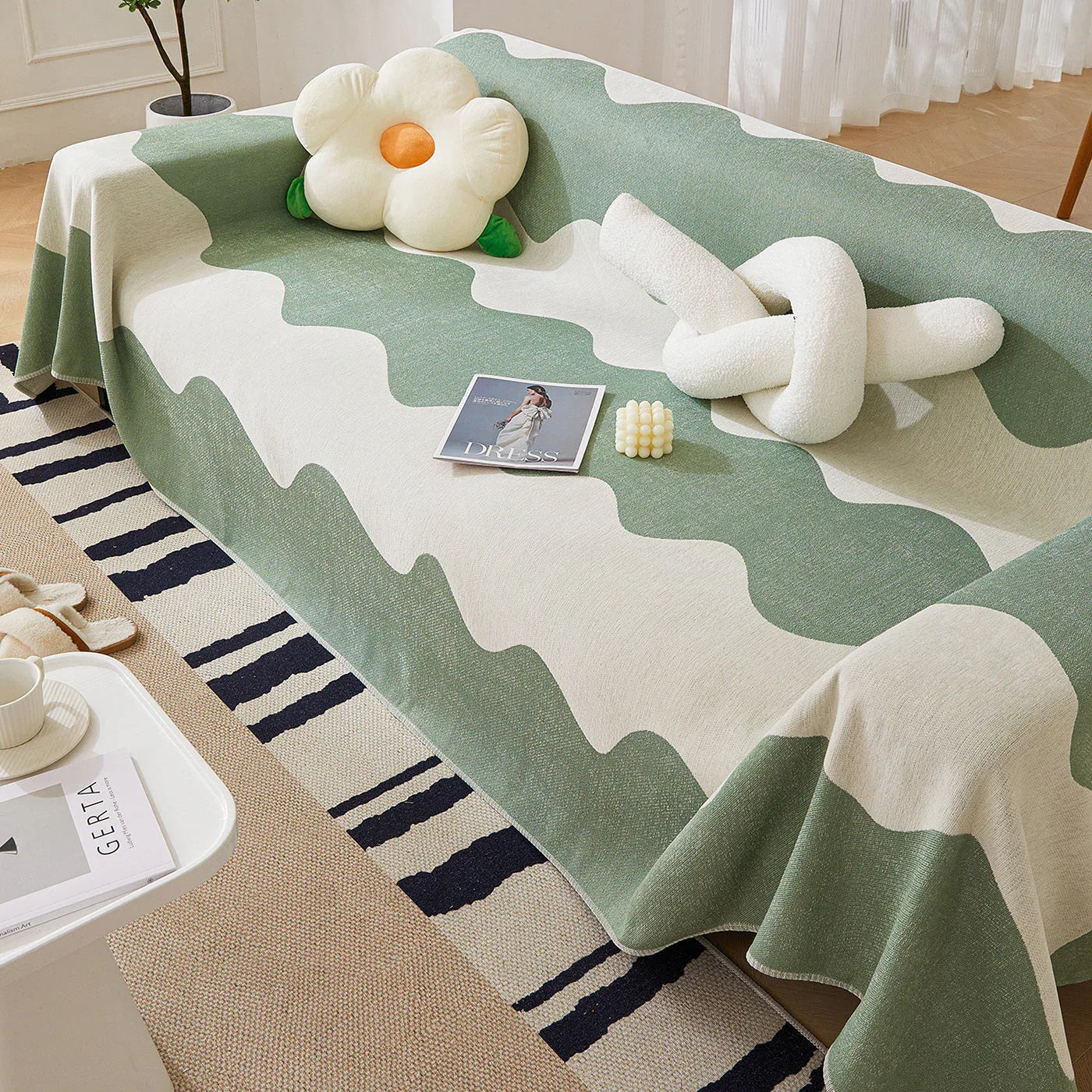 Chenille Minimalist Wavy Sofa Throw Cover, Cozy Blankets for Couch, Machine Washable Couch Protector - TaroTextile