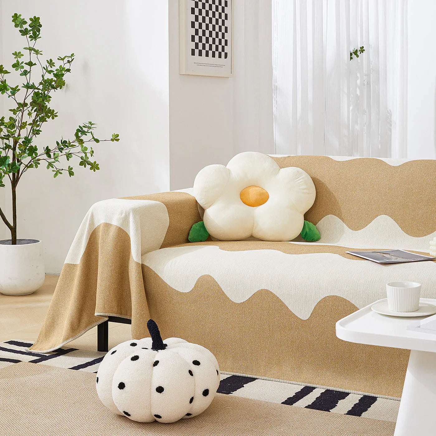 Chenille Minimalist Wavy Sofa Throw Cover, Cozy Blankets for Couch, Machine Washable Couch Protector - TaroTextile