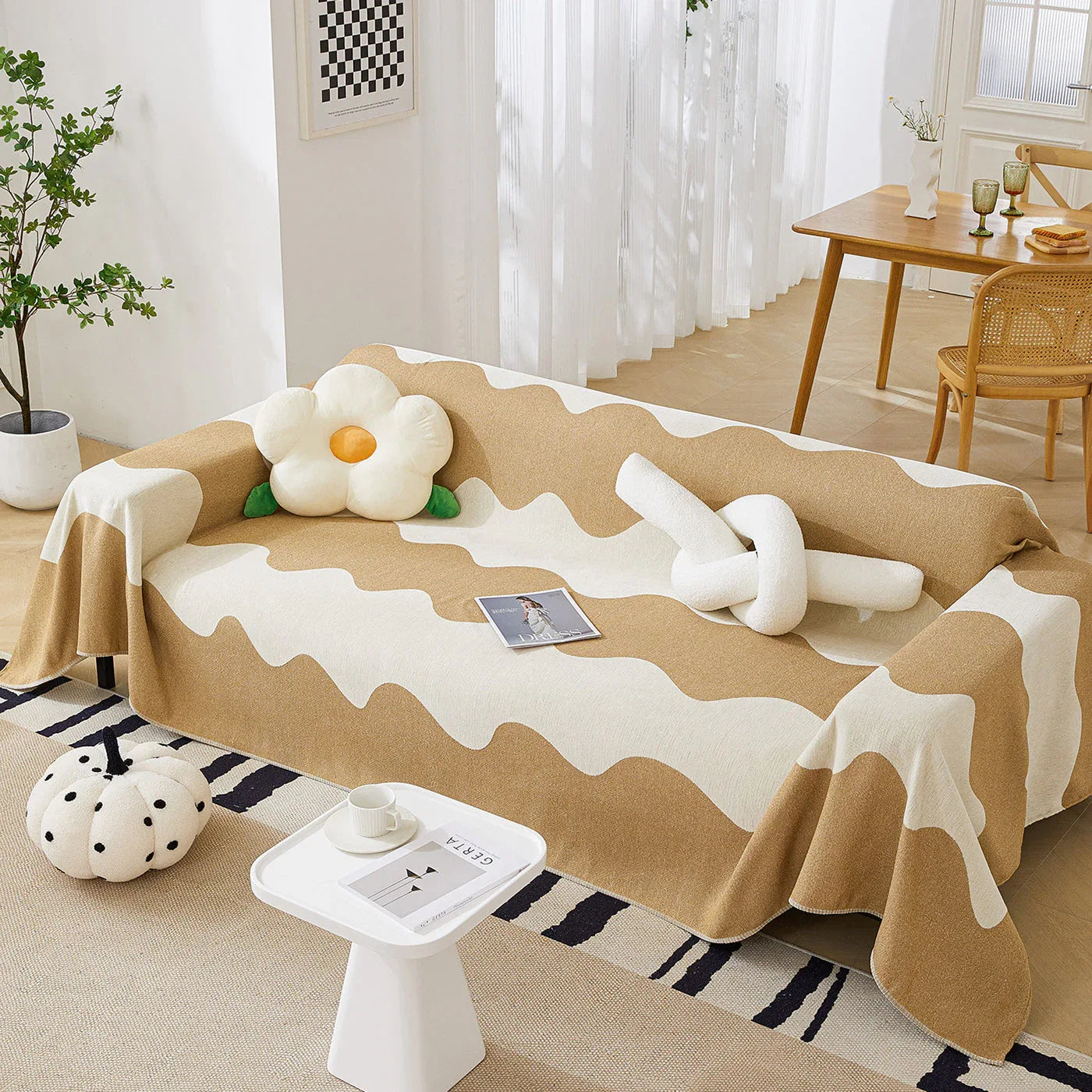 Chenille Minimalist Wavy Sofa Throw Cover, Cozy Blankets for Couch, Machine Washable Couch Protector - TaroTextile