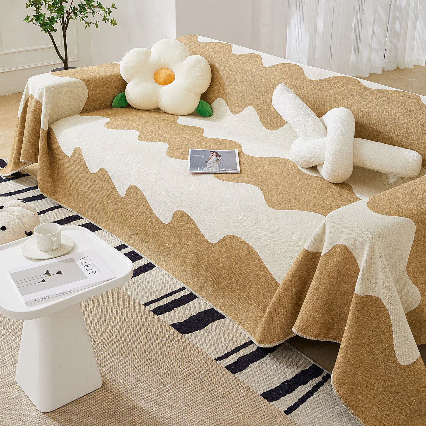 Chenille Minimalist Wavy Sofa Throw Cover, Cozy Blankets for Couch, Machine Washable Couch Protector - TaroTextile