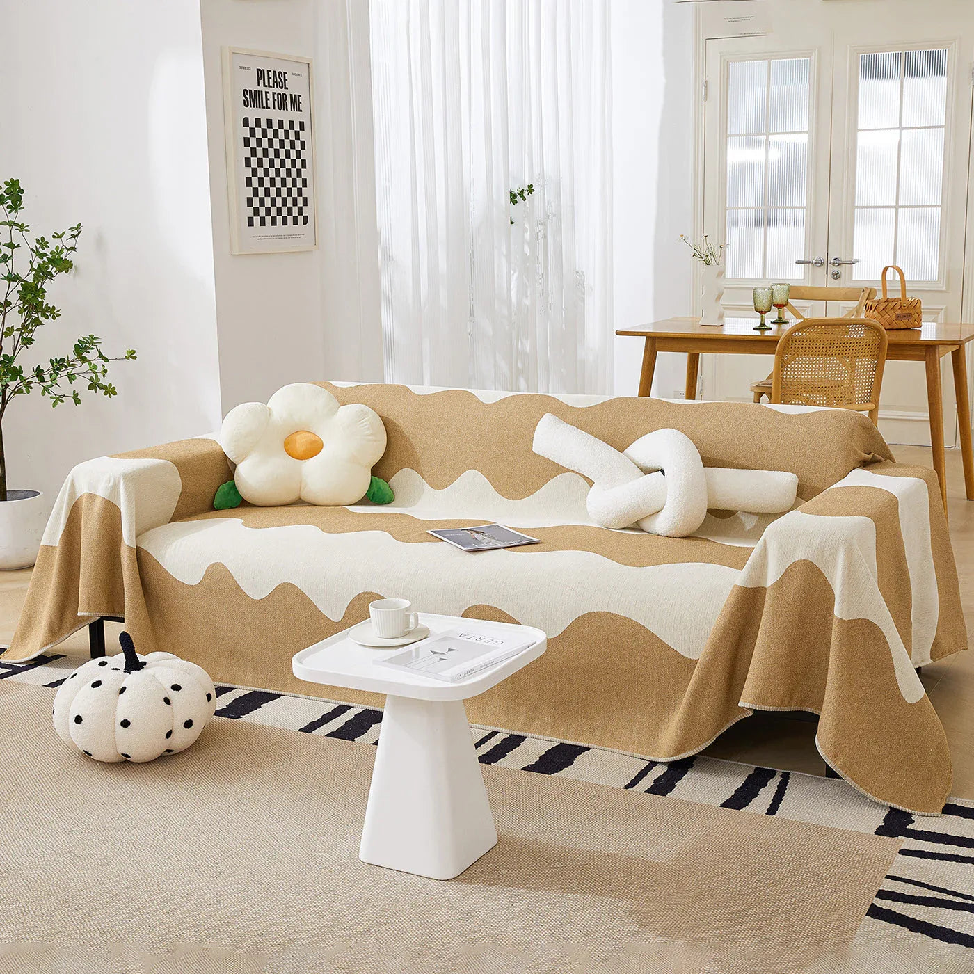 Chenille Minimalist Wavy Sofa Throw Cover, Cozy Blankets for Couch, Machine Washable Couch Protector - TaroTextile