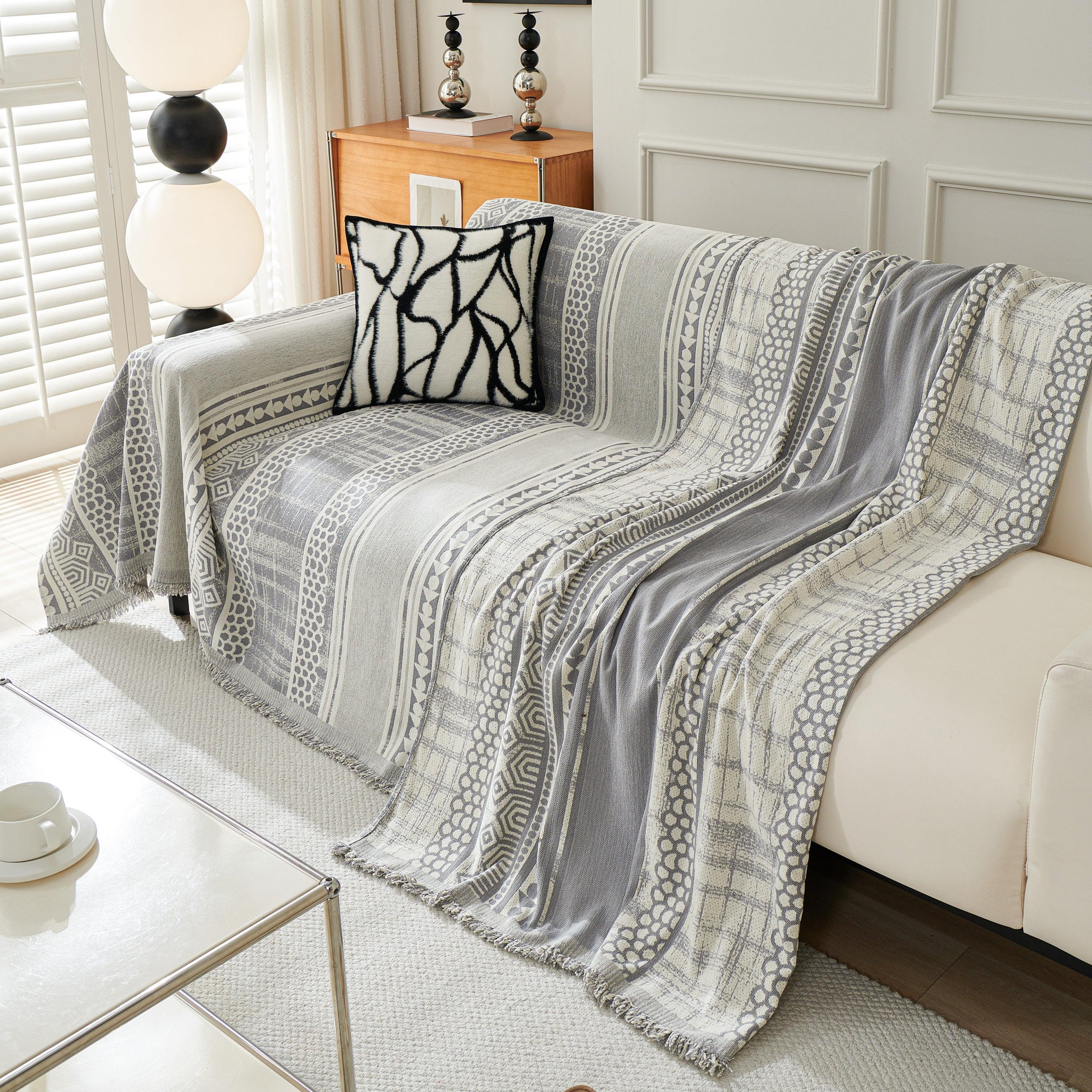Chenille Sofa Cover Throw Blanket, Boho Geometric Scratch Proof Couch Protector - TaroTextile