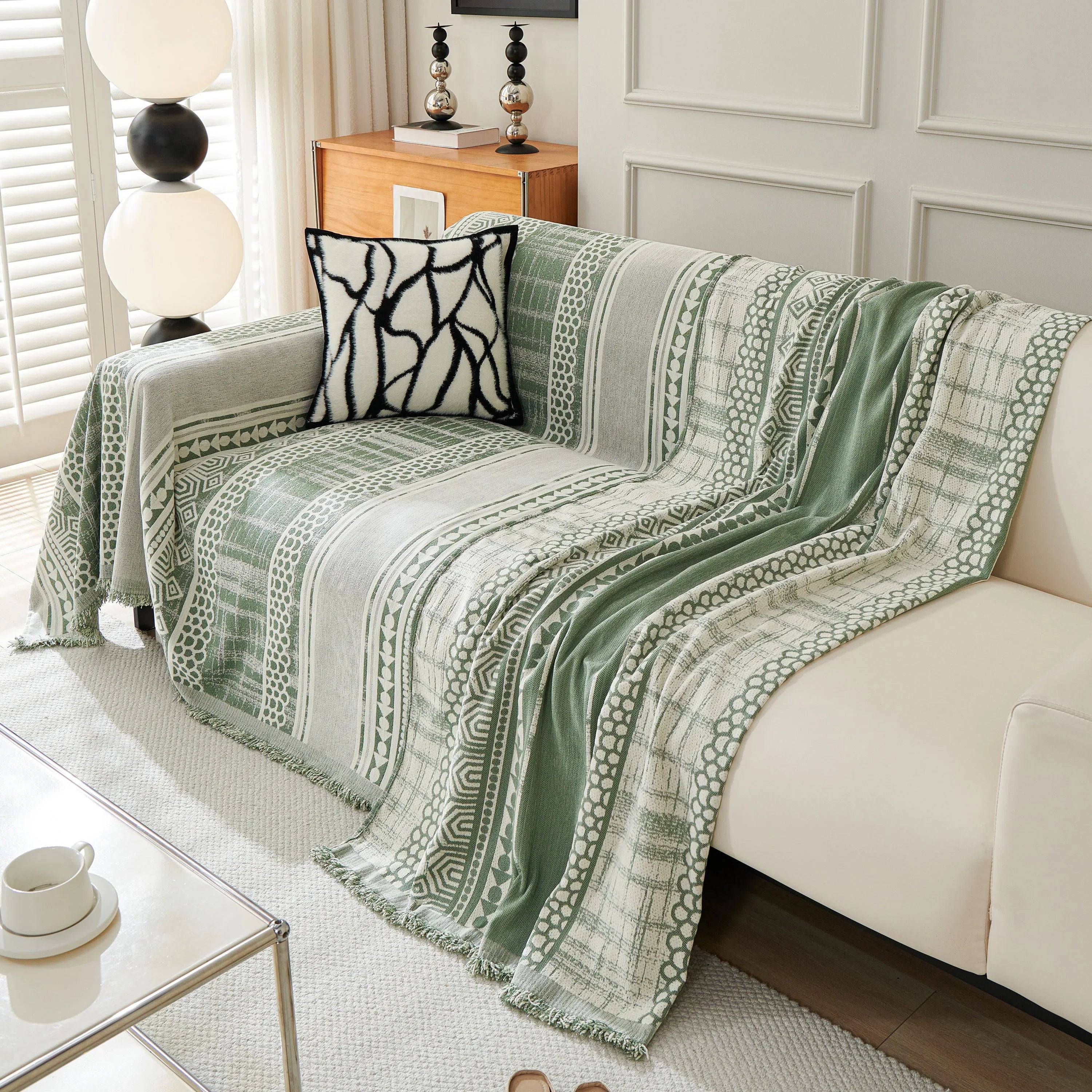 Chenille Sofa Cover Throw Blanket, Boho Geometric Scratch Proof Couch Protector - TaroTextile