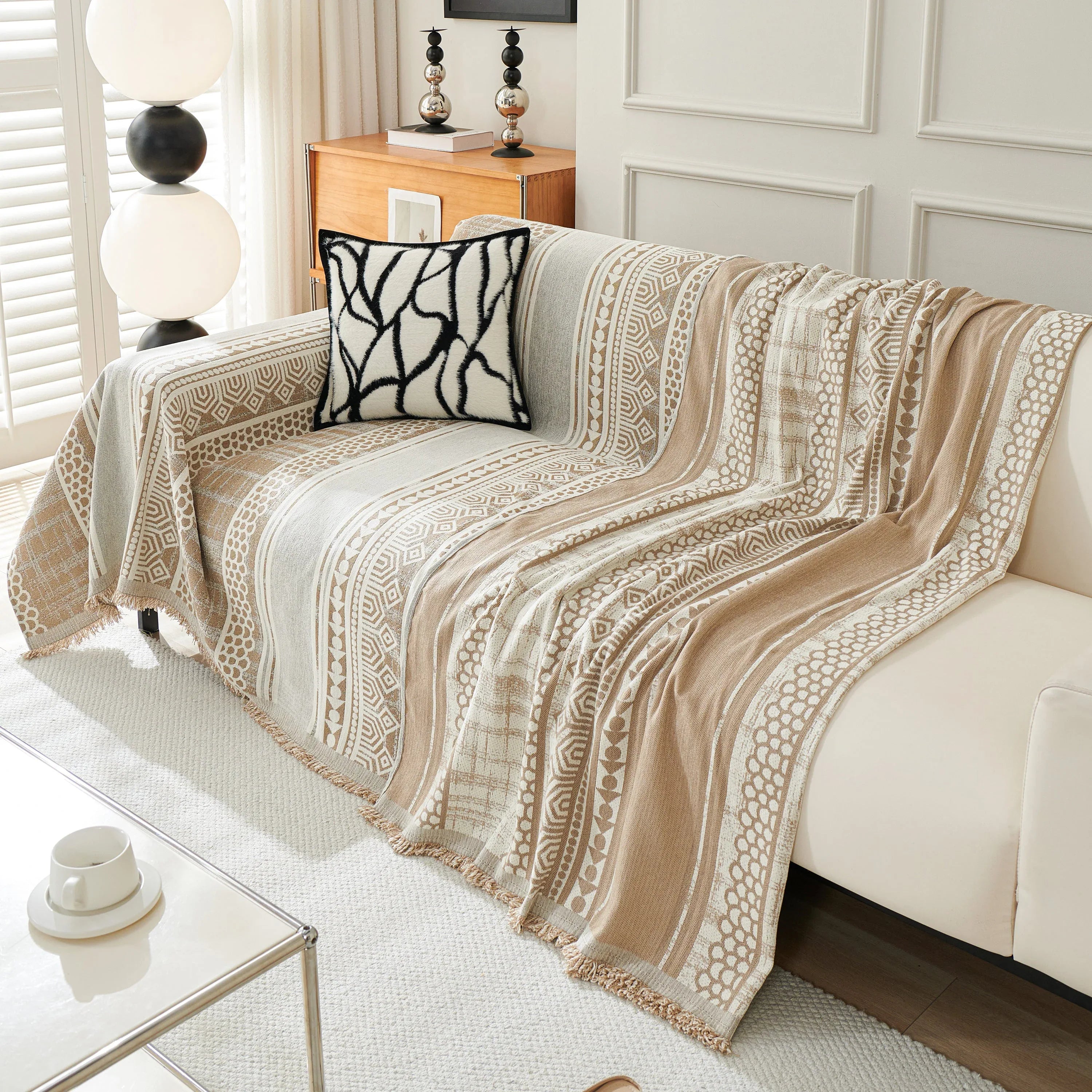 Chenille Sofa Cover Throw Blanket, Boho Geometric Scratch Proof Couch Protector - TaroTextile