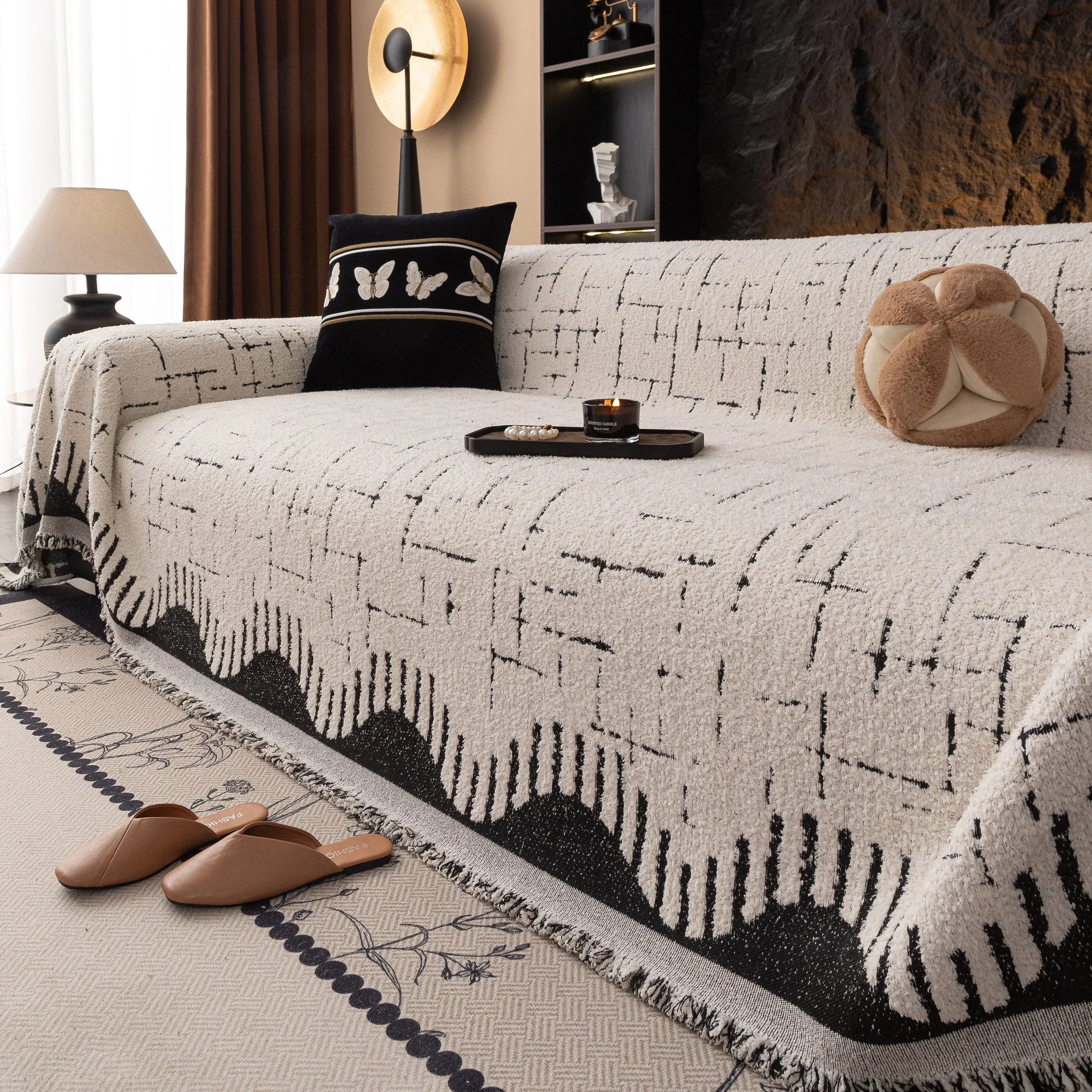 Chenille Sofa Cover Throw Blanket Woven Textured Decorative Furniture Slipcover - TaroTextile