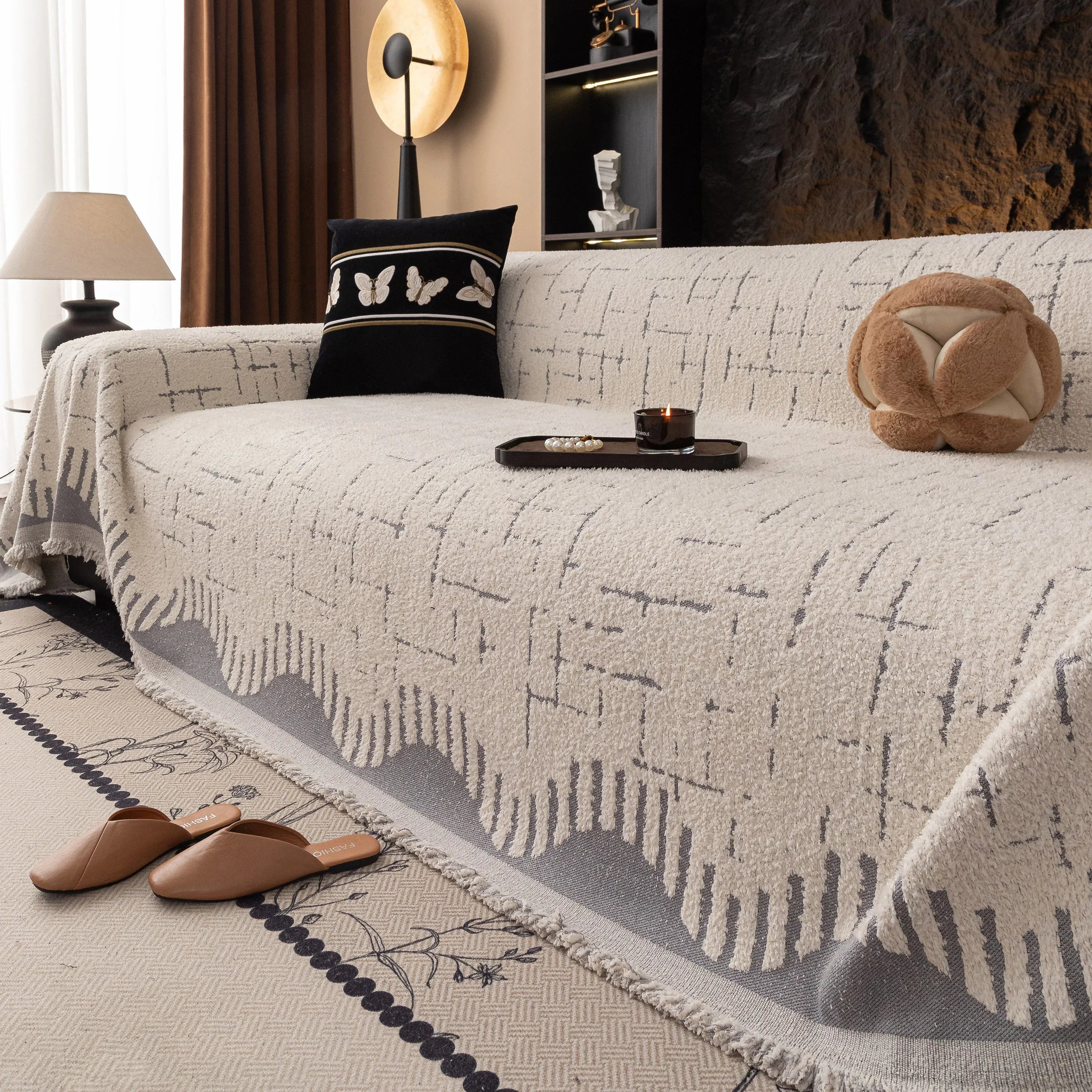 Chenille Sofa Cover Throw Blanket Woven Textured Decorative Furniture Slipcover - TaroTextile