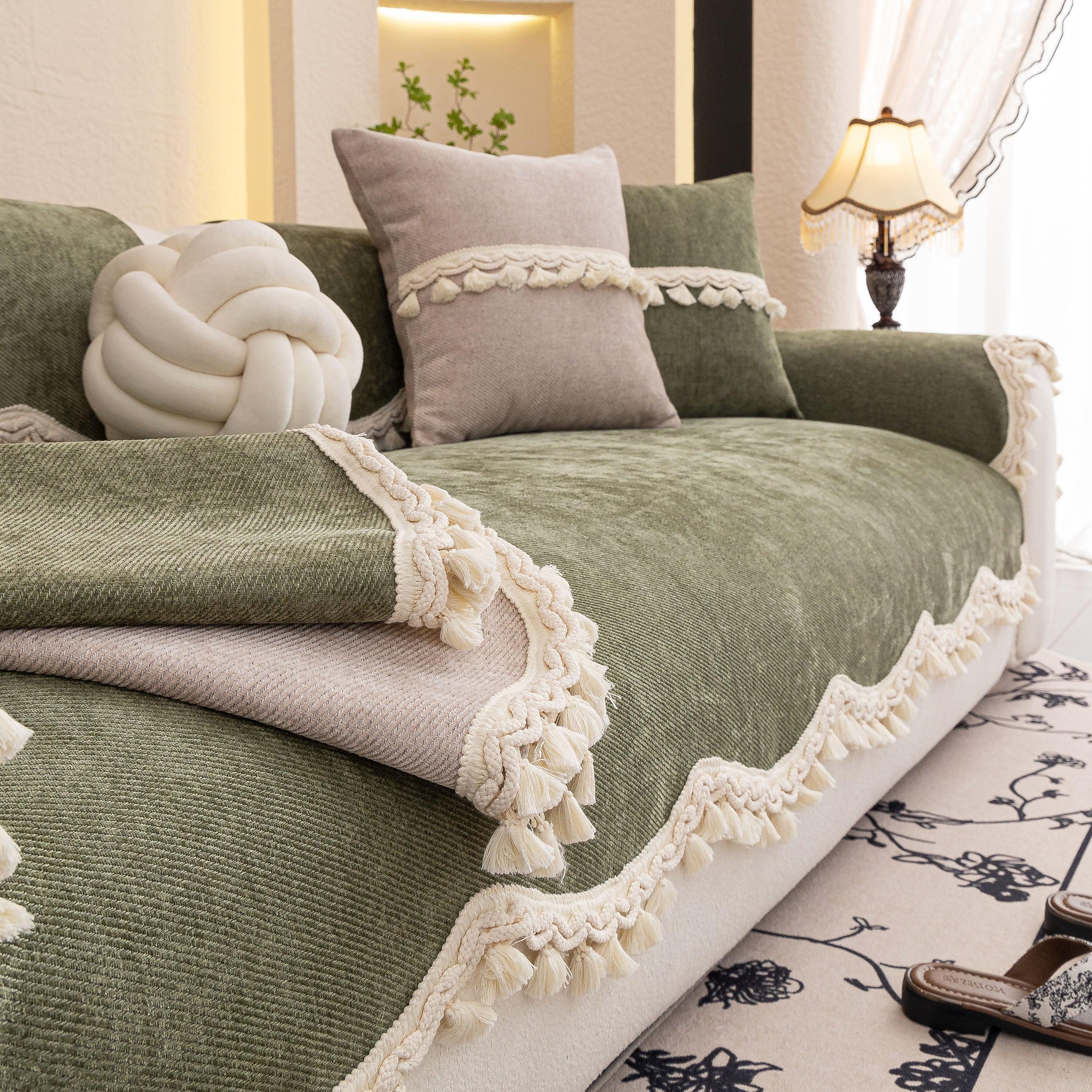 Chenille Sofa Cover Towel – Non-Slip, Washable Pets Couch Protector with Tassels - TaroTextile