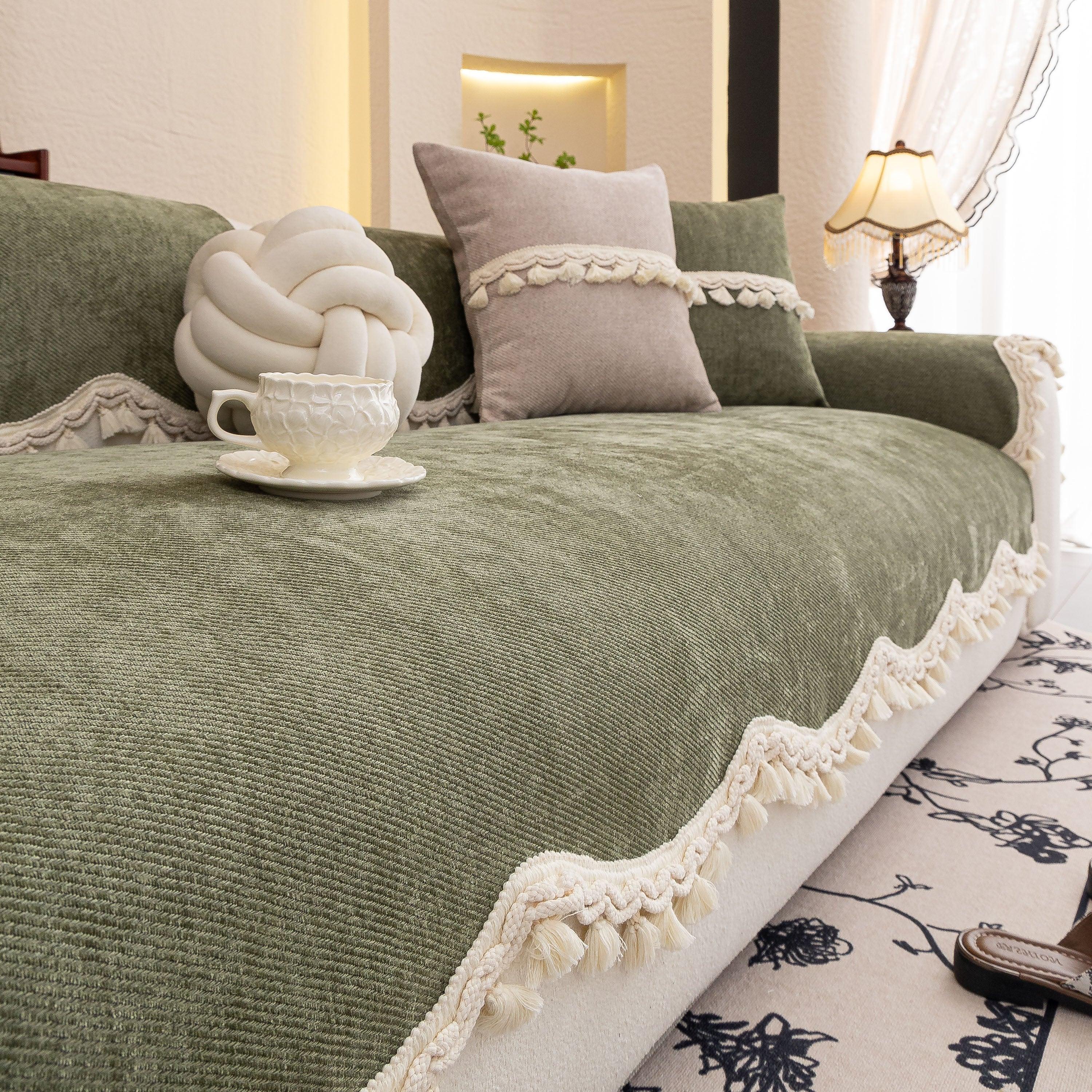 Chenille Sofa Cover Towel – Non-Slip, Washable Pets Couch Protector with Tassels - TaroTextile