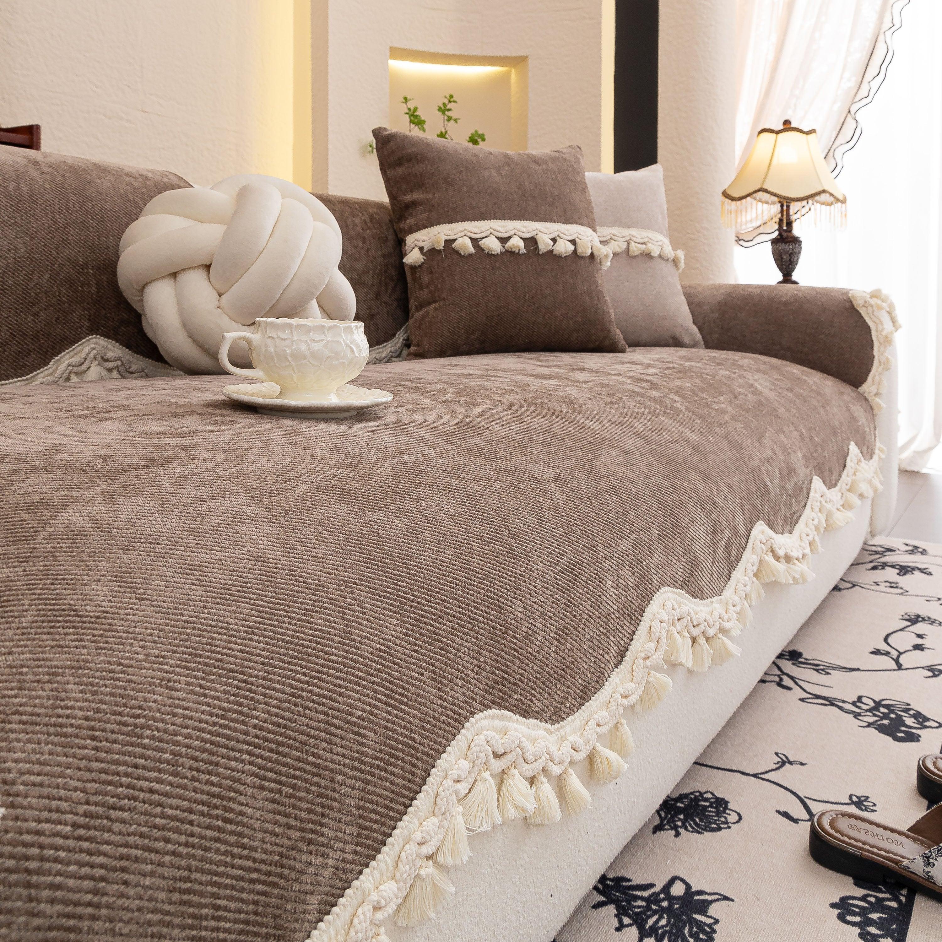 Chenille Sofa Cover Towel – Non-Slip, Washable Pets Couch Protector with Tassels - TaroTextile