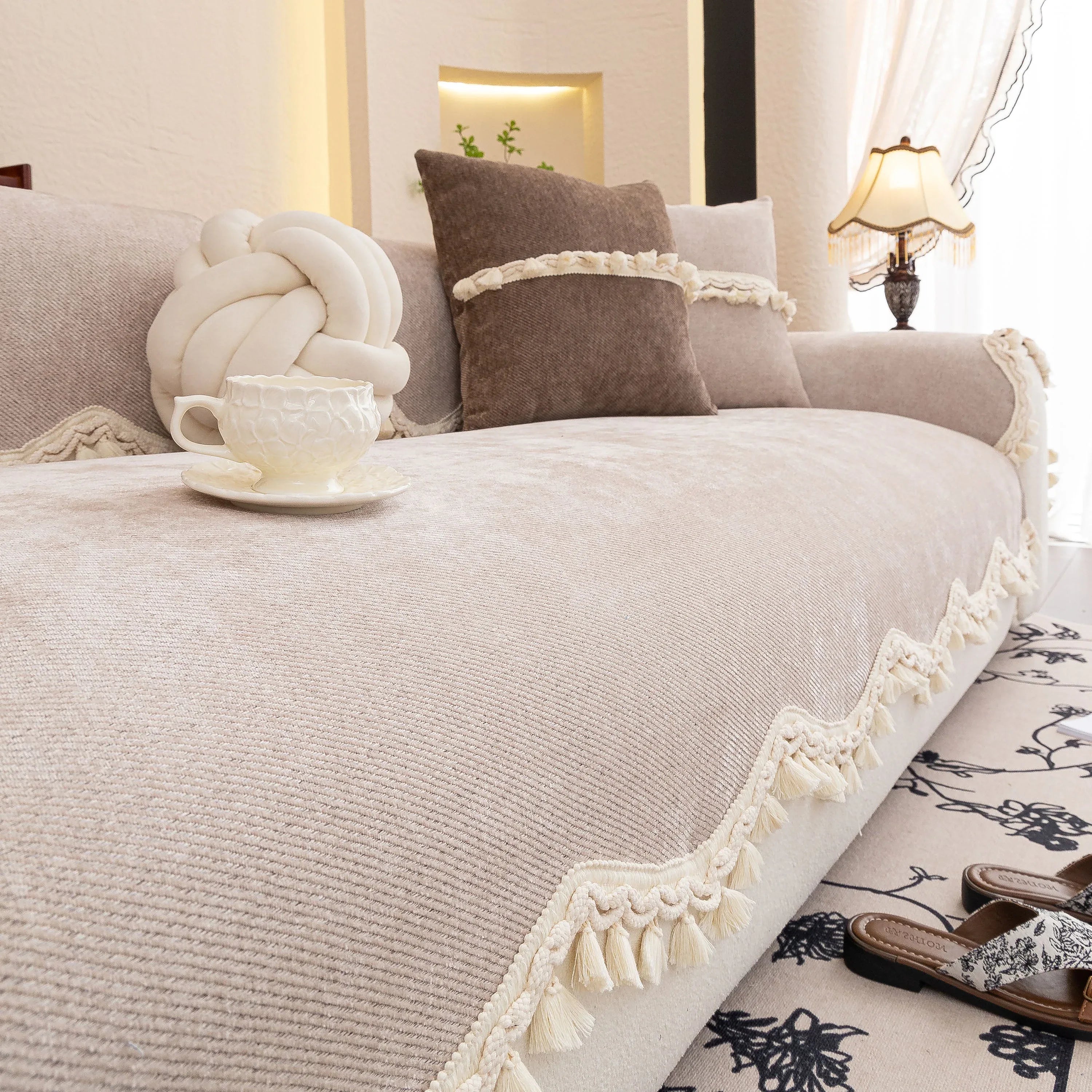 Chenille Sofa Cover Towel – Non-Slip, Washable Pets Couch Protector with Tassels - TaroTextile