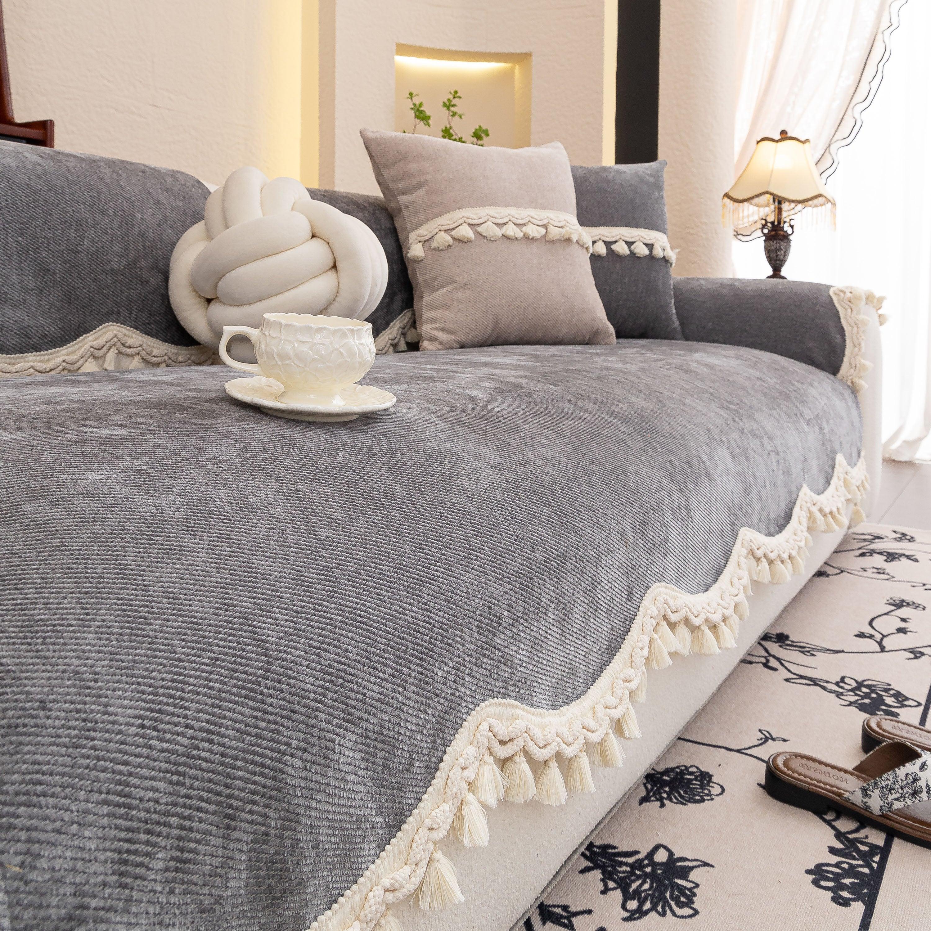 Chenille Sofa Cover Towel – Non-Slip, Washable Pets Couch Protector with Tassels - TaroTextile