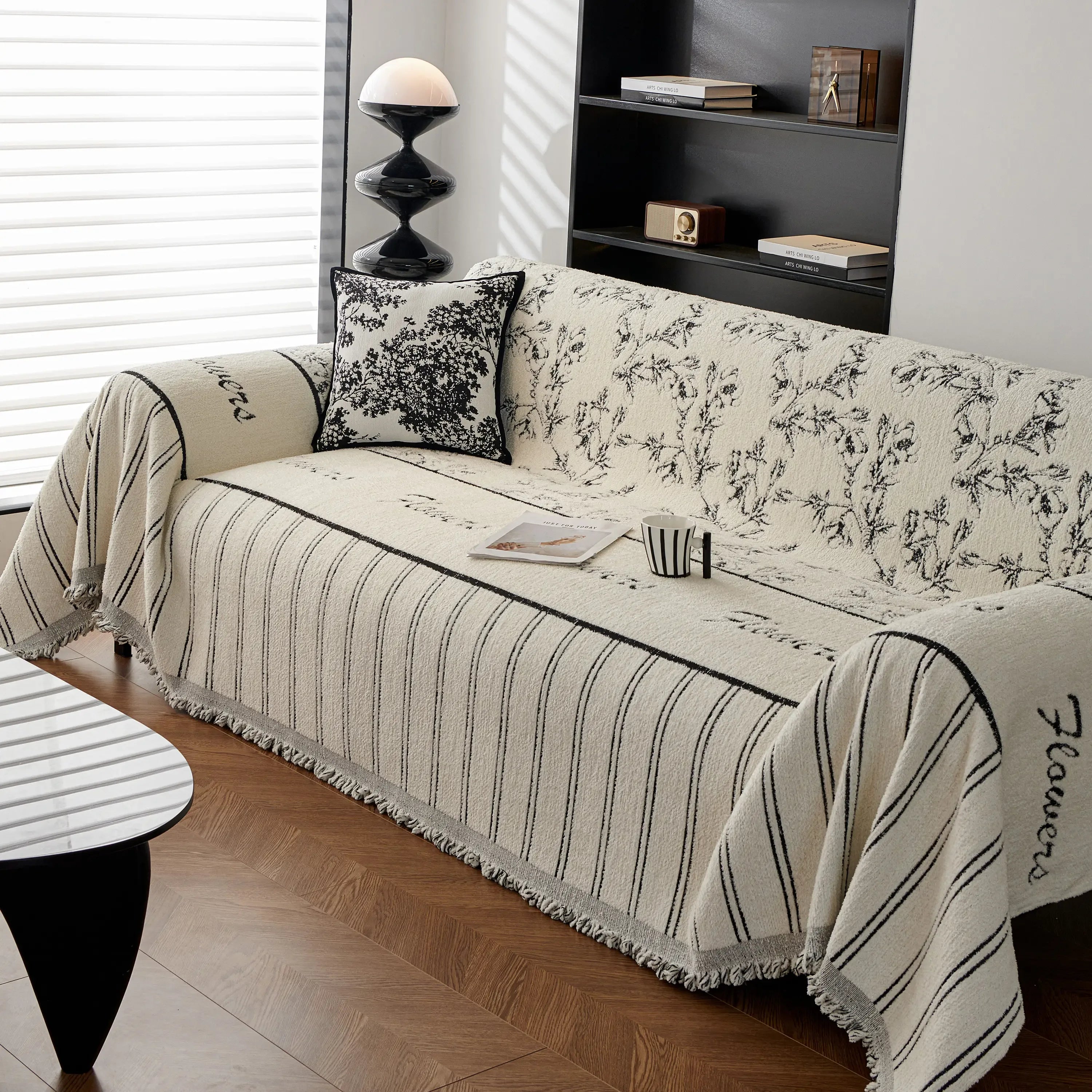 Chenille Striped Floral Couch Cover Sofa Slipcover for Most Shape Sofas, Reversible Sofa Throw Cover - TaroTextile