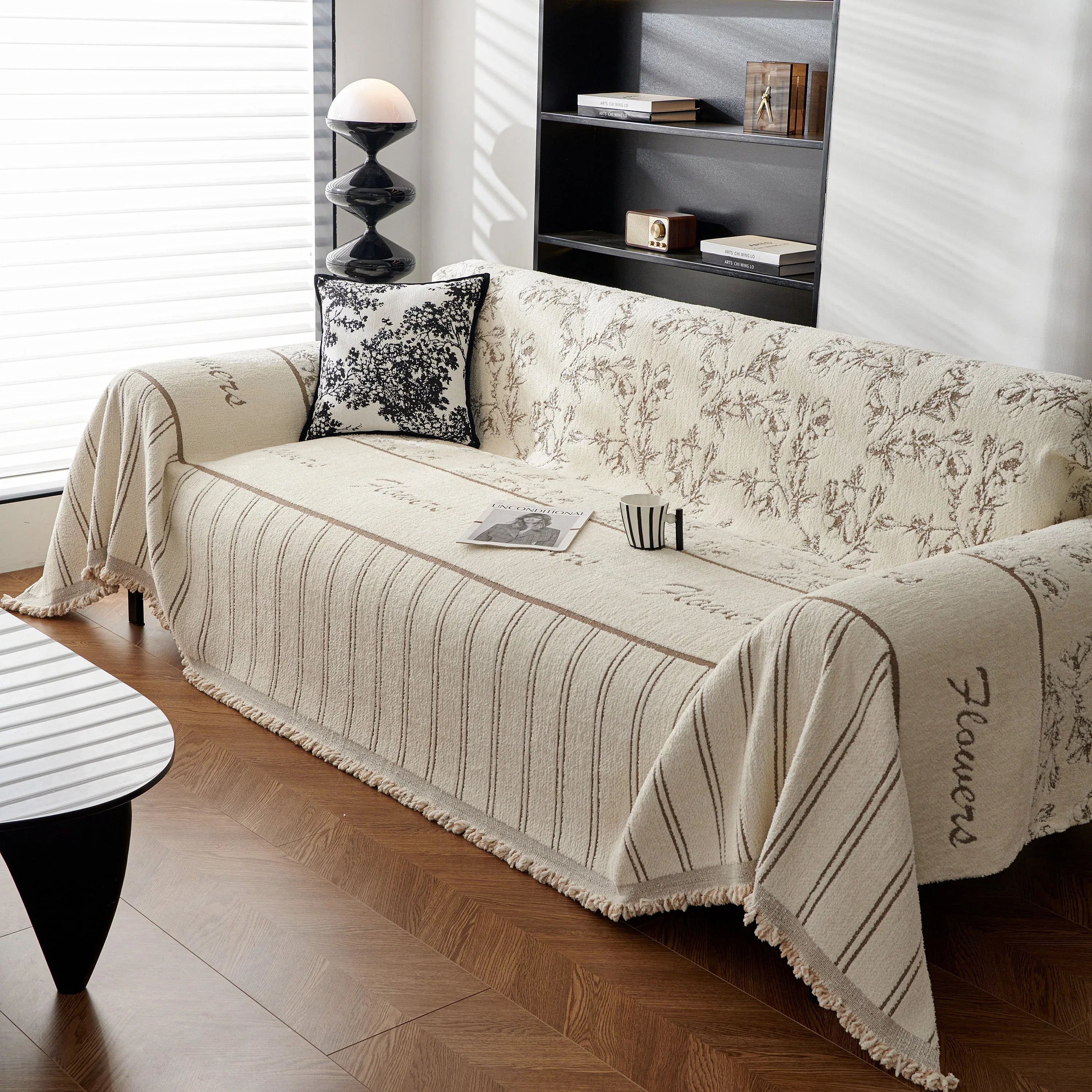 Chenille Striped Floral Couch Cover Sofa Slipcover for Most Shape Sofas, Reversible Sofa Throw Cover - TaroTextile