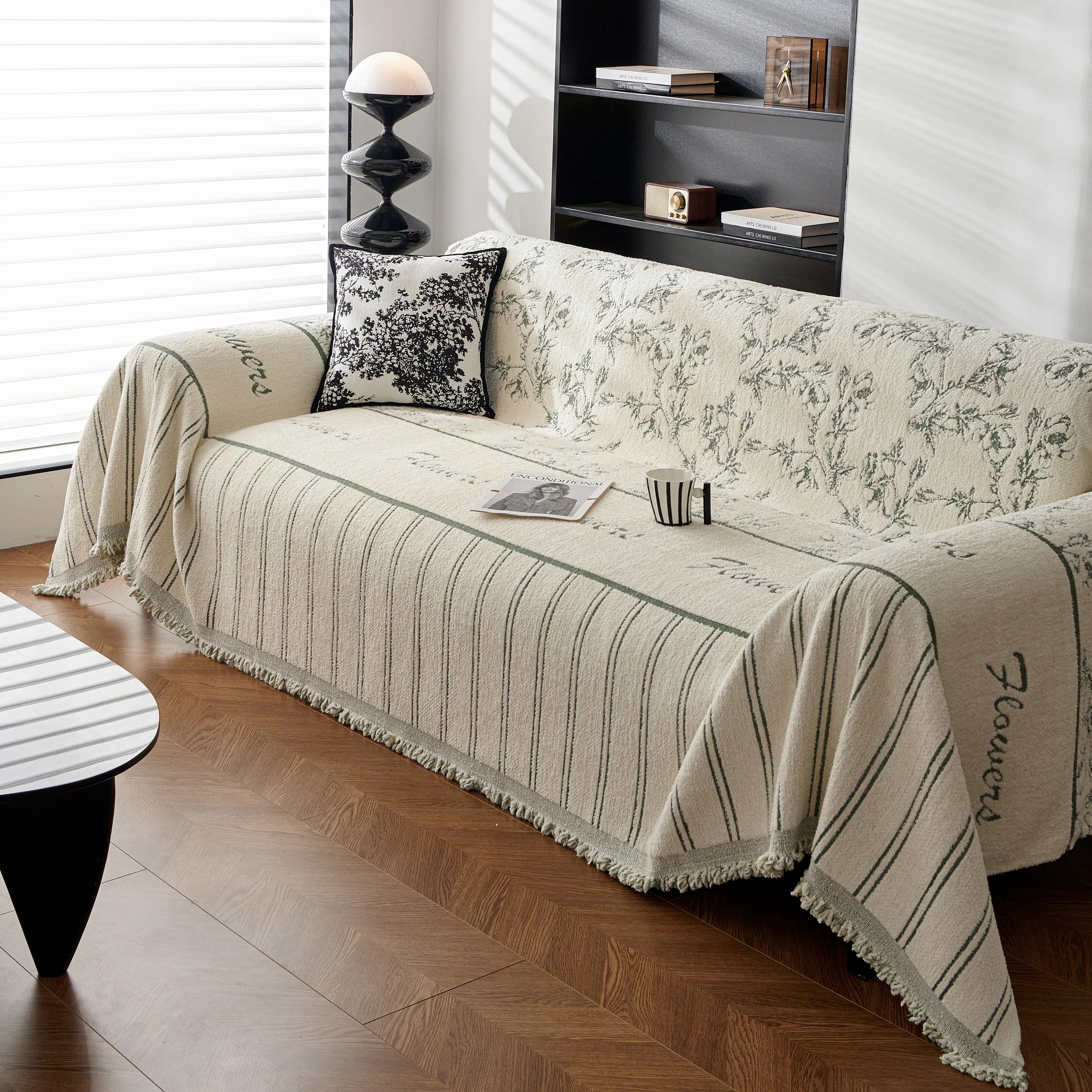 Chenille Striped Floral Couch Cover Sofa Slipcover for Most Shape Sofas, Reversible Sofa Throw Cover - TaroTextile