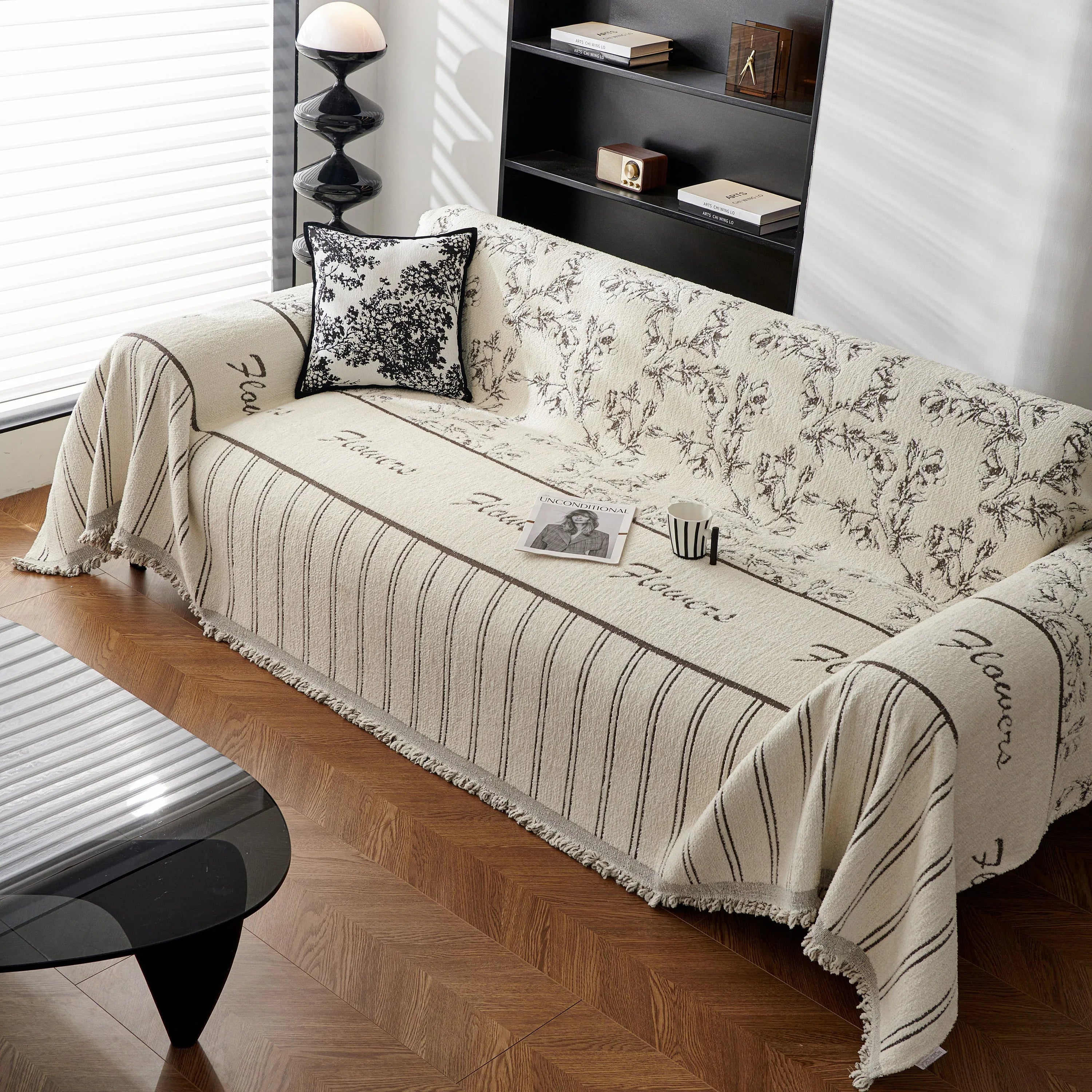 Chenille Striped Floral Couch Cover Sofa Slipcover for Most Shape Sofas, Reversible Sofa Throw Cover - TaroTextile