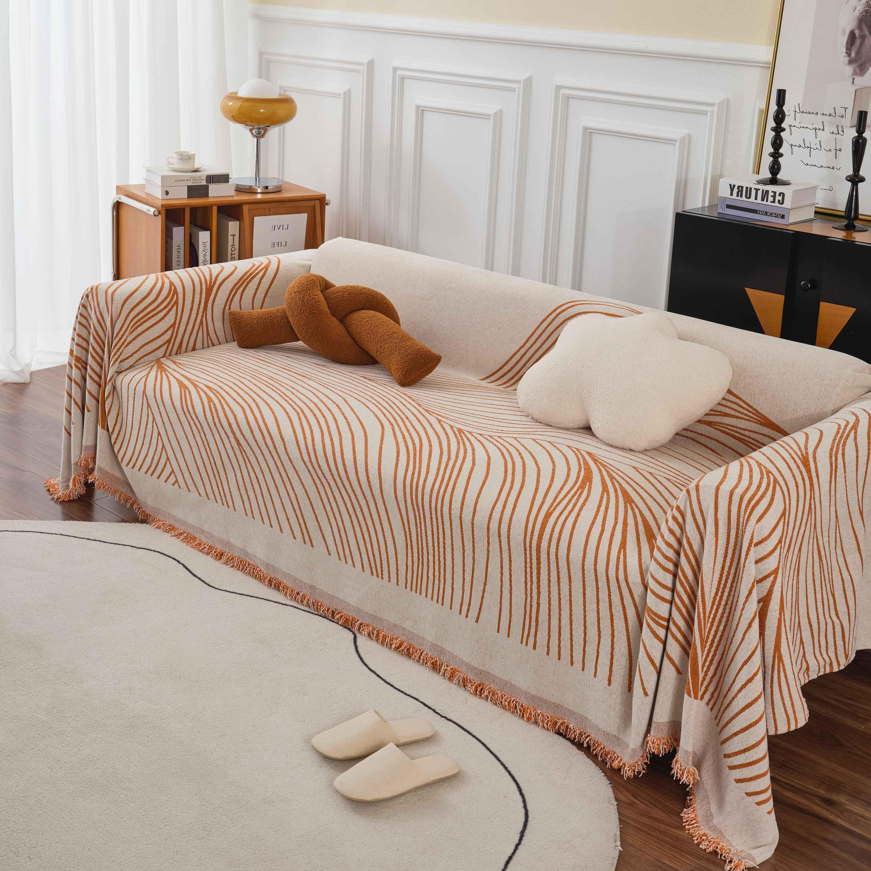 Chenille Striped Sofa Throw Blanket, Furniture Throw Covers Living Room Couch Cover - TaroTextile