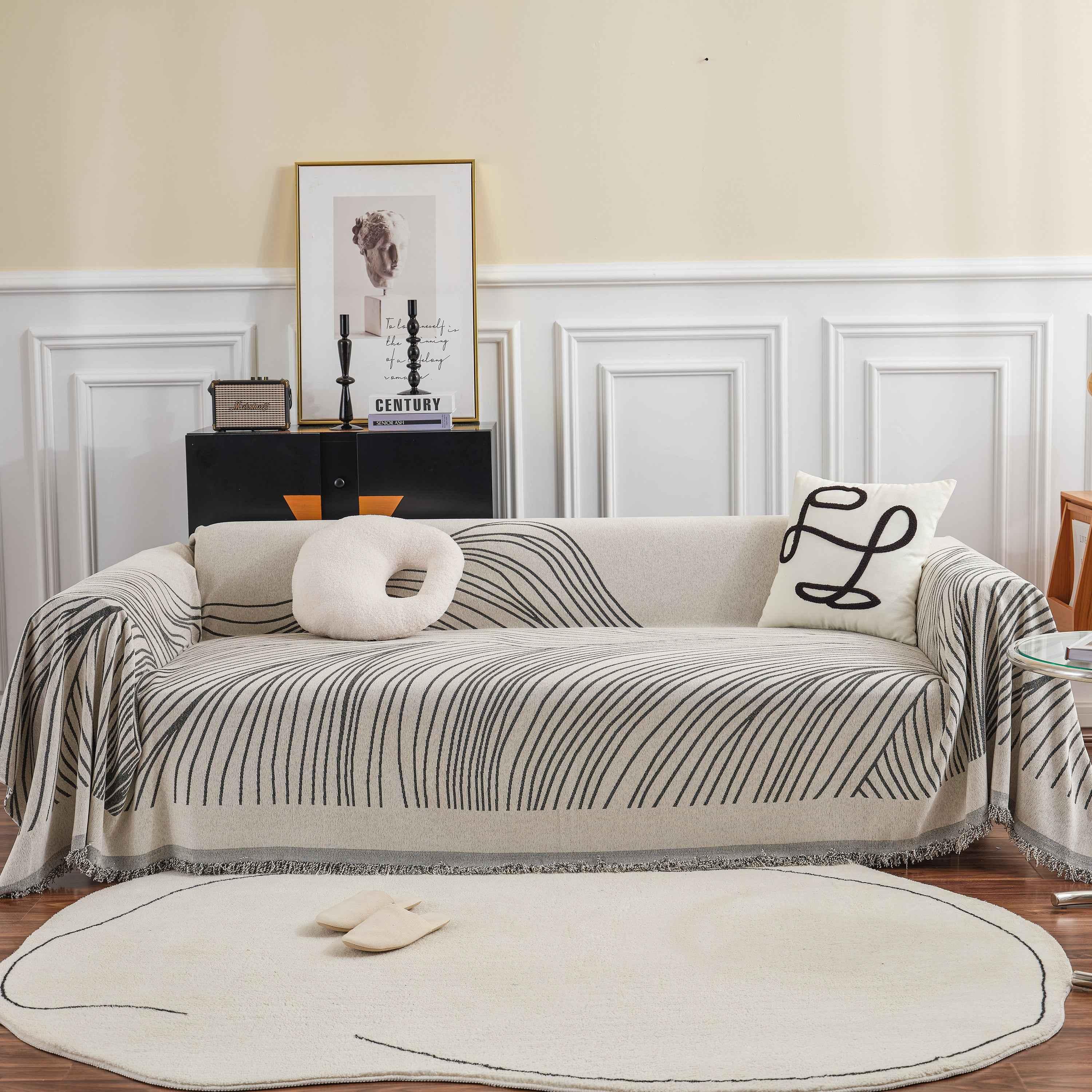 Chenille Striped Sofa Throw Blanket, Furniture Throw Covers Living Room Couch Cover - TaroTextile