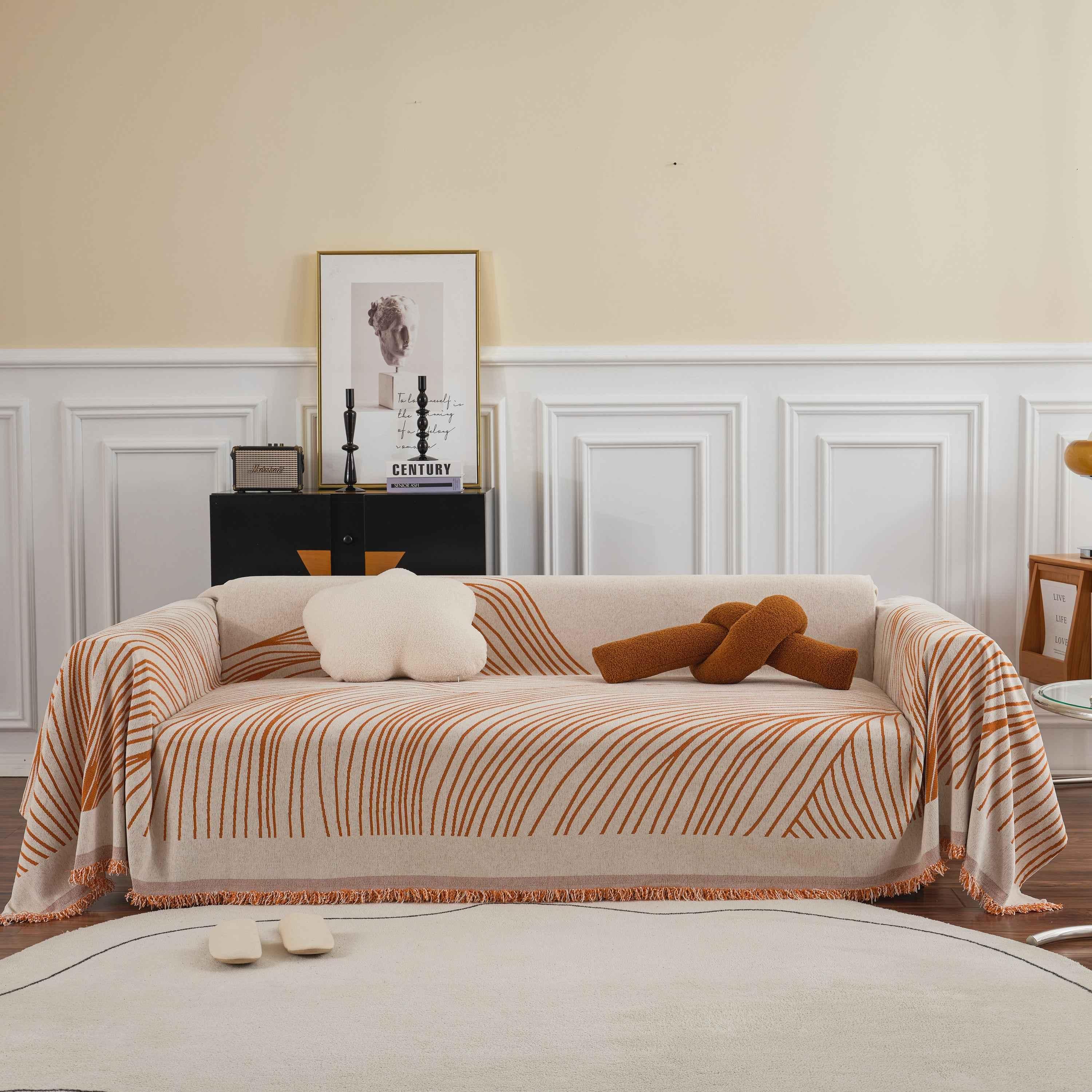 Chenille Striped Sofa Throw Blanket, Furniture Throw Covers Living Room Couch Cover - TaroTextile