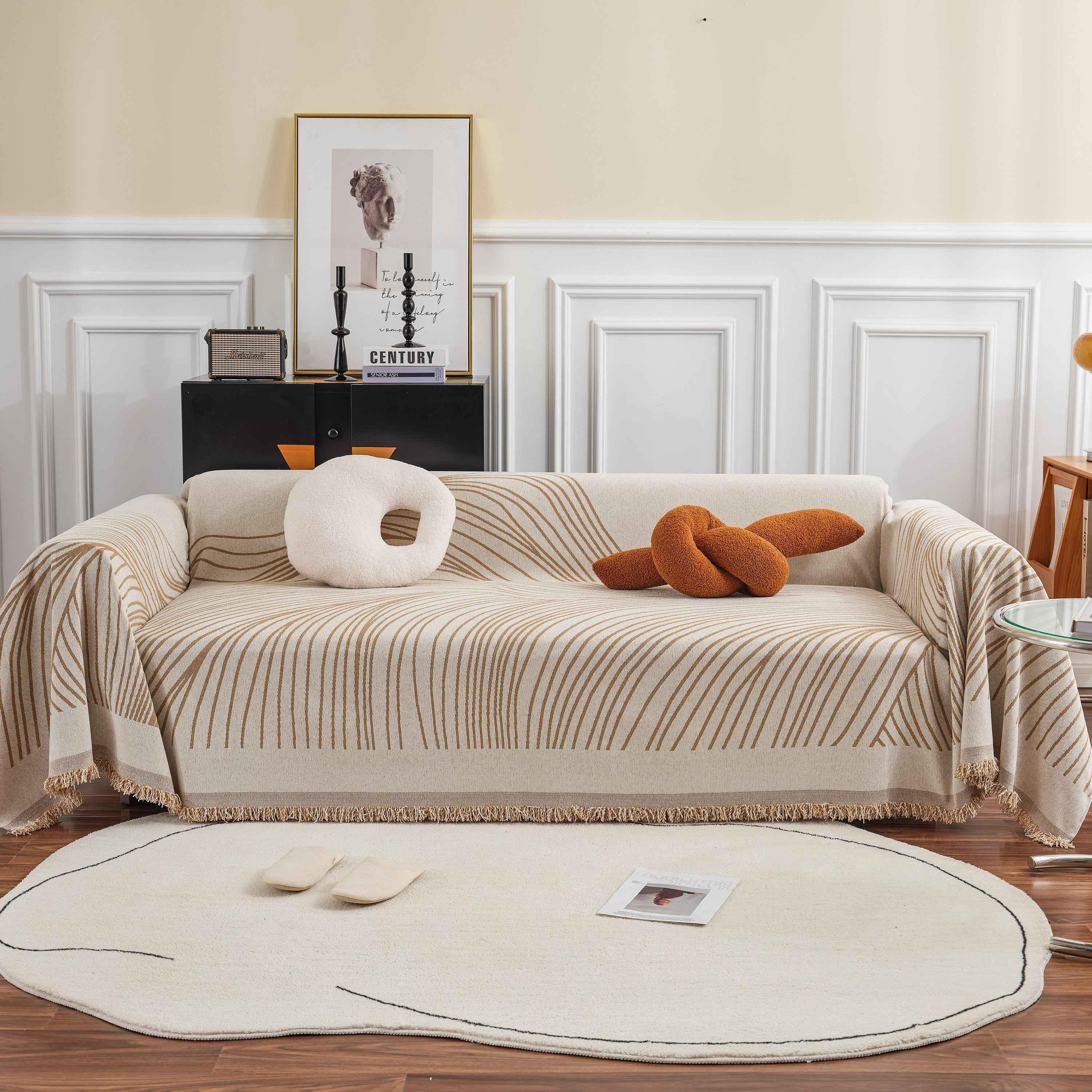 Chenille Striped Sofa Throw Blanket, Furniture Throw Covers Living Room Couch Cover - TaroTextile