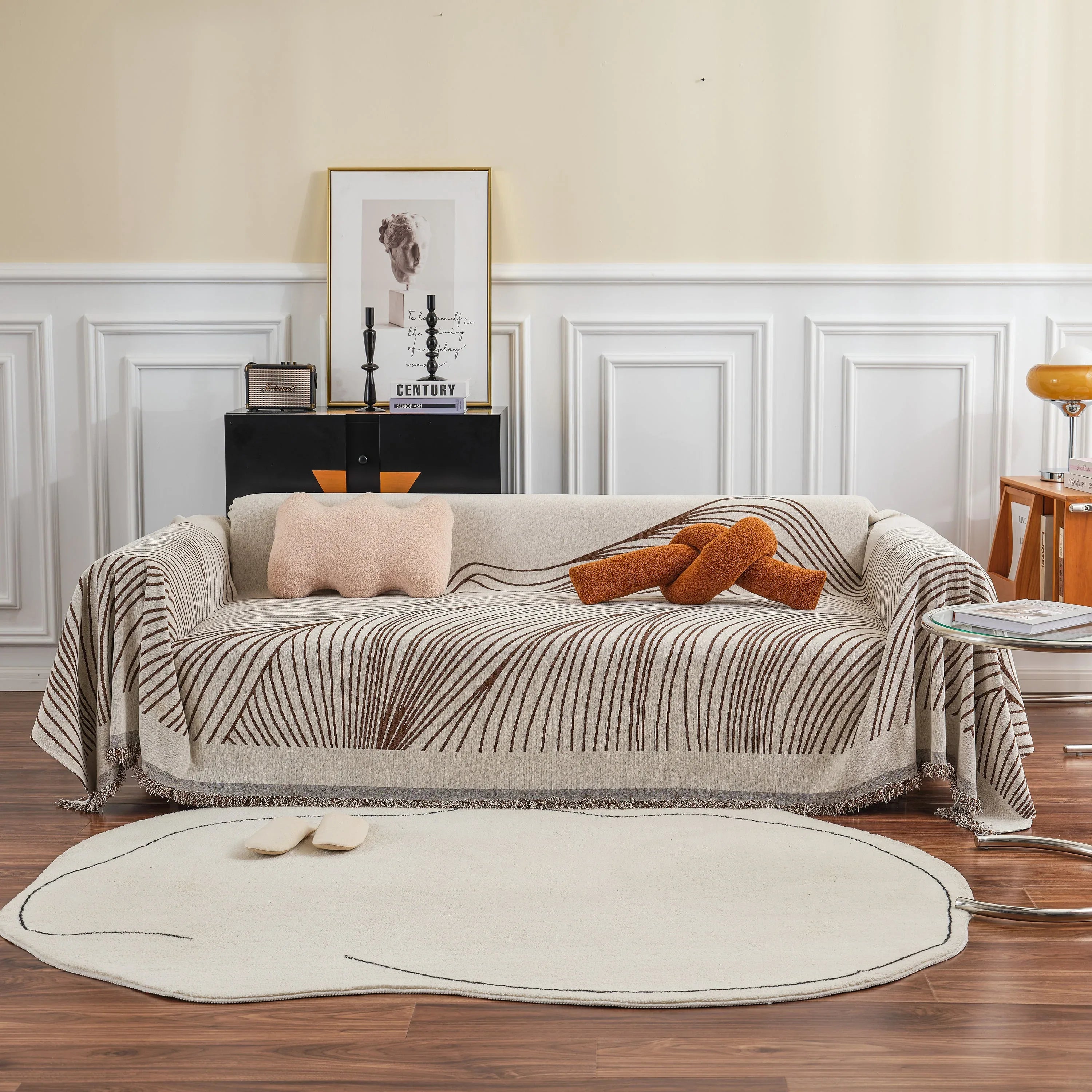 Chenille Striped Sofa Throw Blanket, Furniture Throw Covers Living Room Couch Cover - TaroTextile