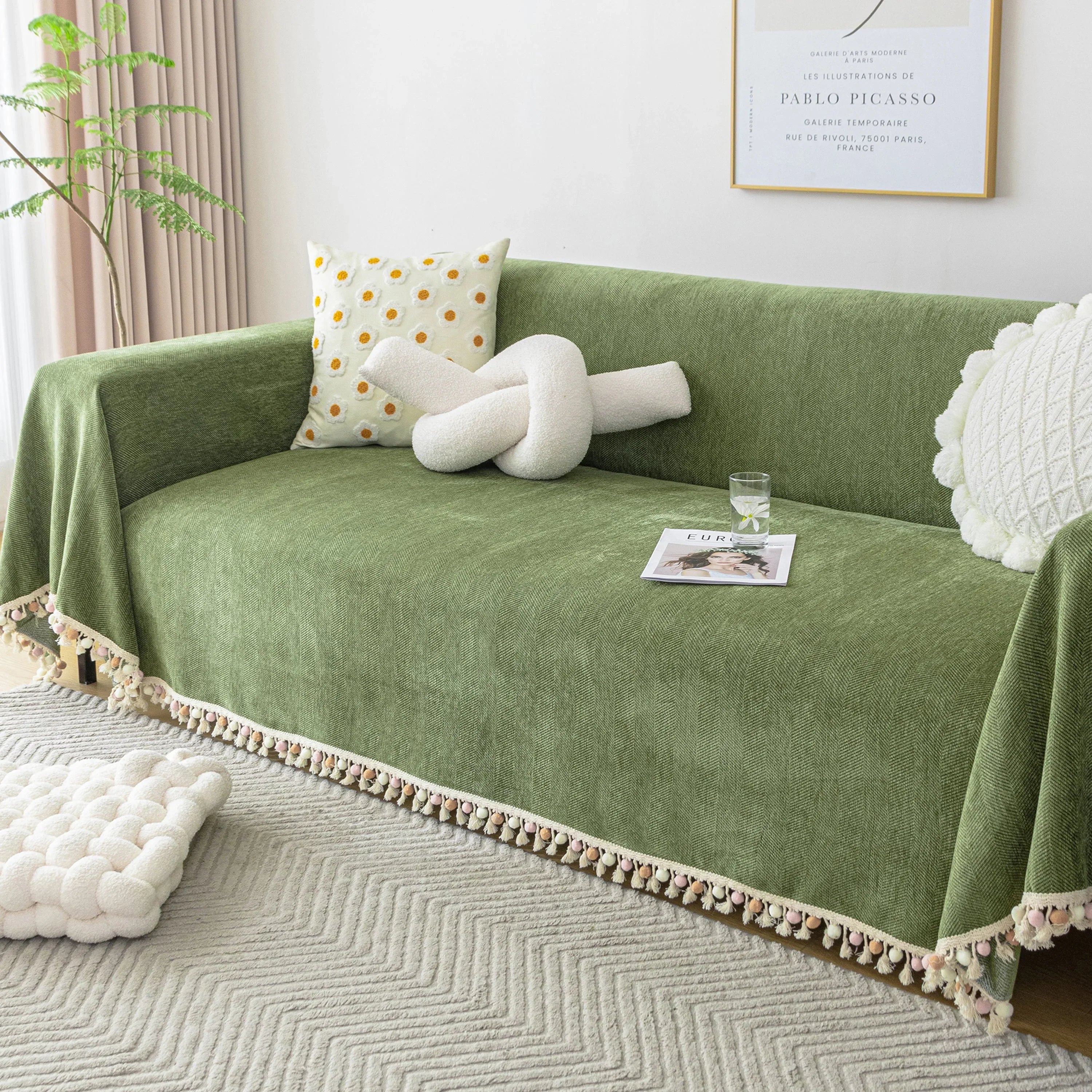 Couch Cover Sectional L Shape Chenille Herringbone Couch Throw Cover with Tassel Pom-Poms for Pets - TaroTextile