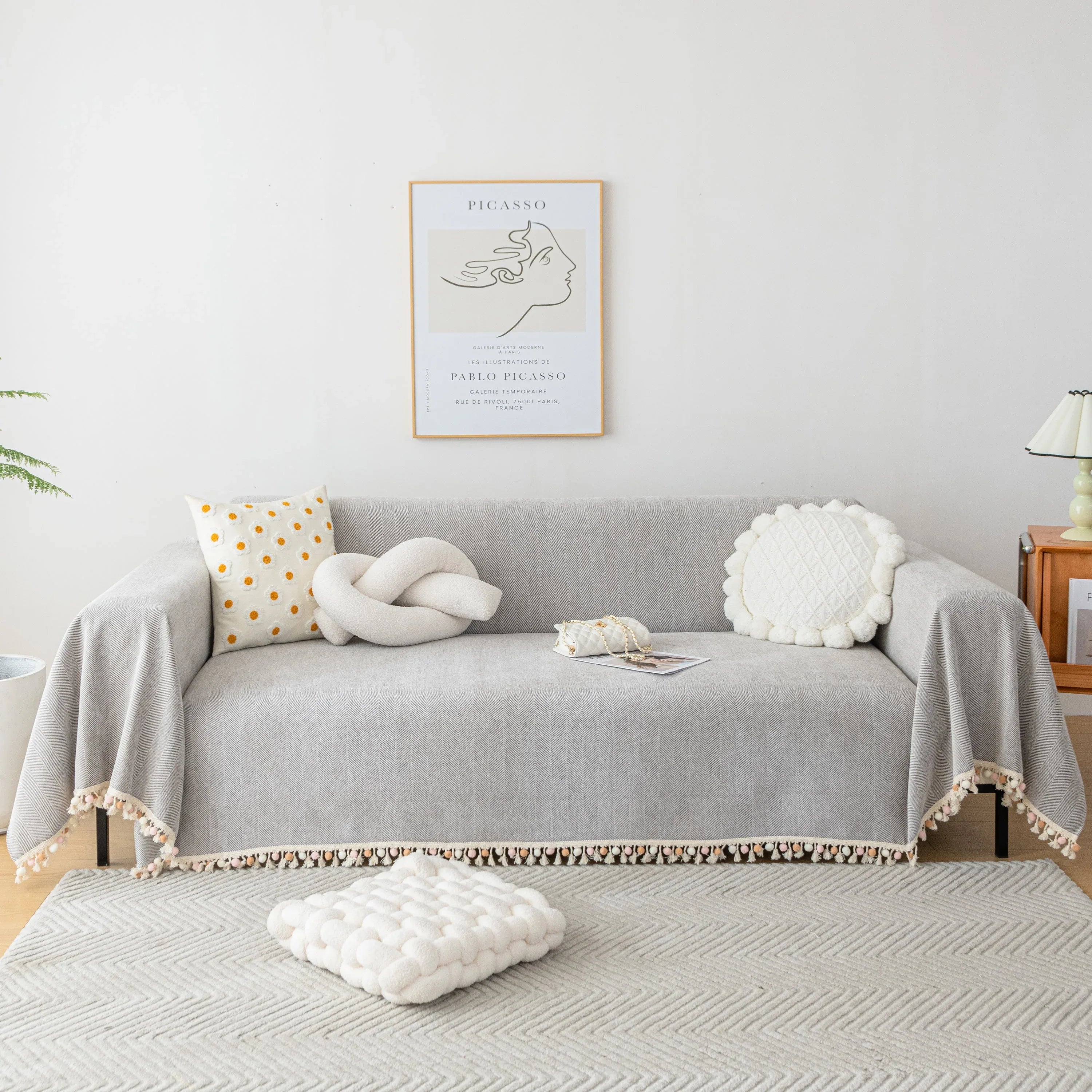 Couch Cover Sectional L Shape Chenille Herringbone Couch Throw Cover with Tassel Pom-Poms for Pets - TaroTextile