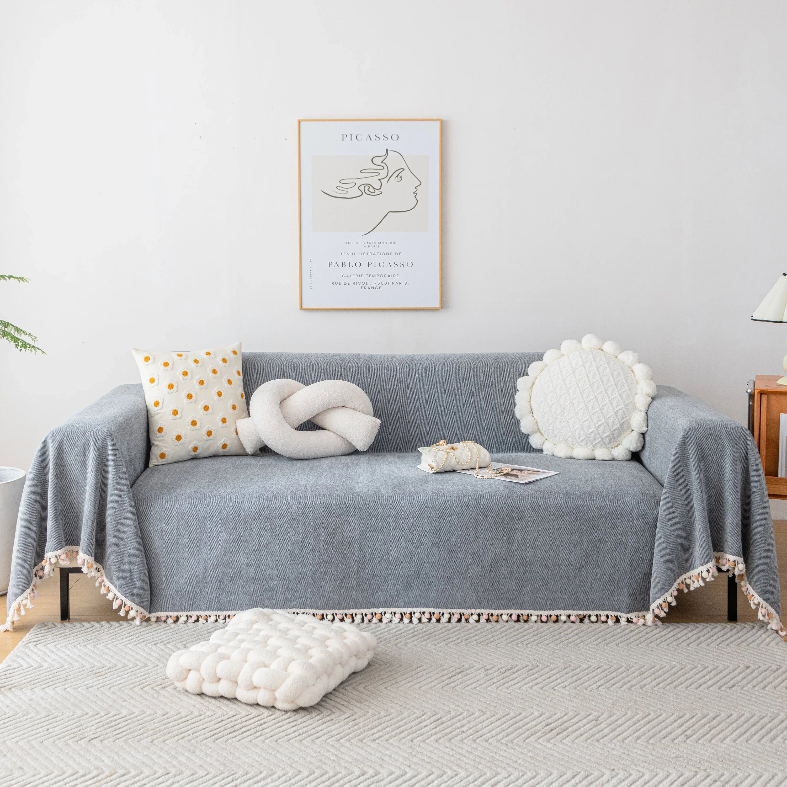 Couch Cover Sectional L Shape Chenille Herringbone Couch Throw Cover with Tassel Pom-Poms for Pets - TaroTextile