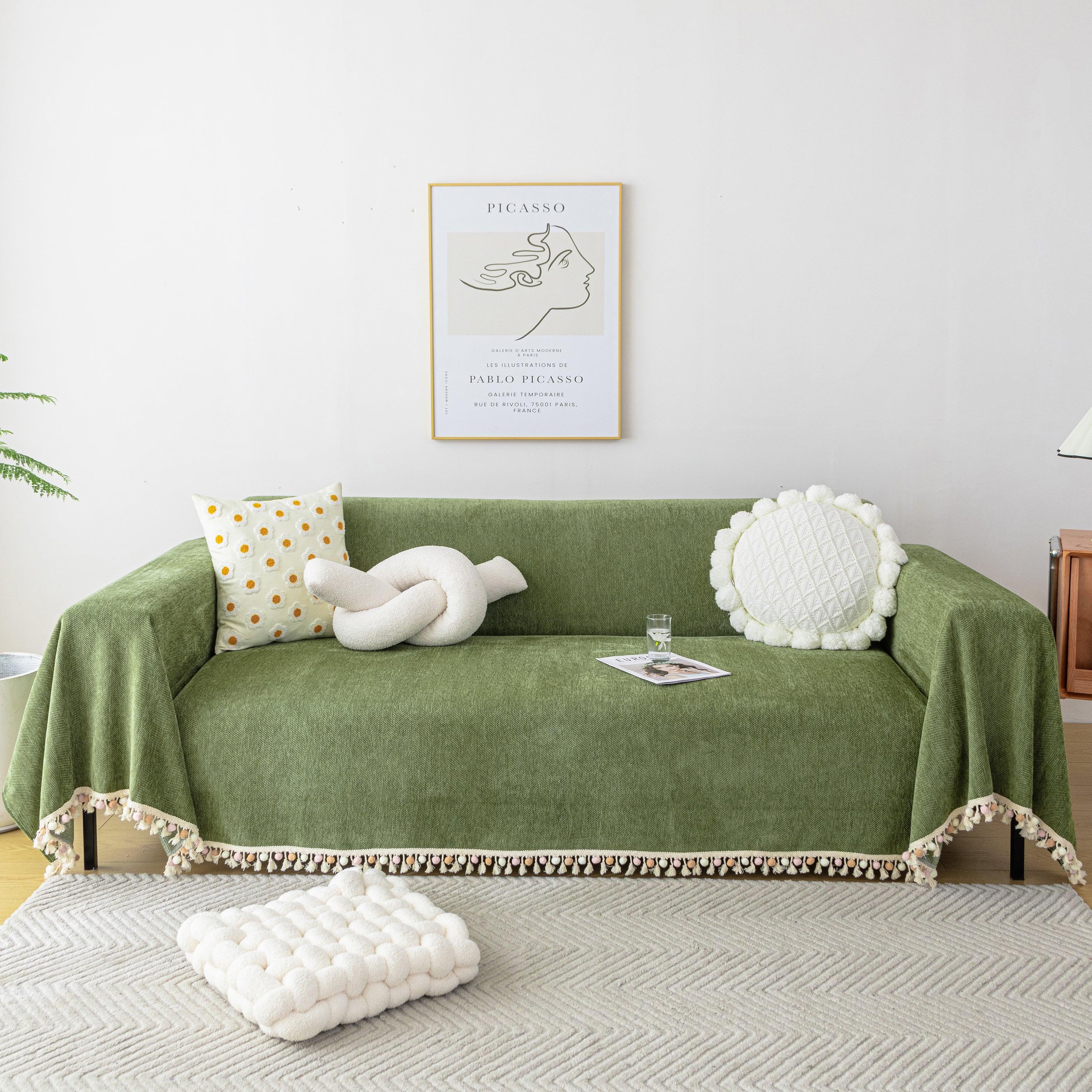 Couch Cover Sectional L Shape Chenille Herringbone Couch Throw Cover with Tassel Pom-Poms for Pets - TaroTextile