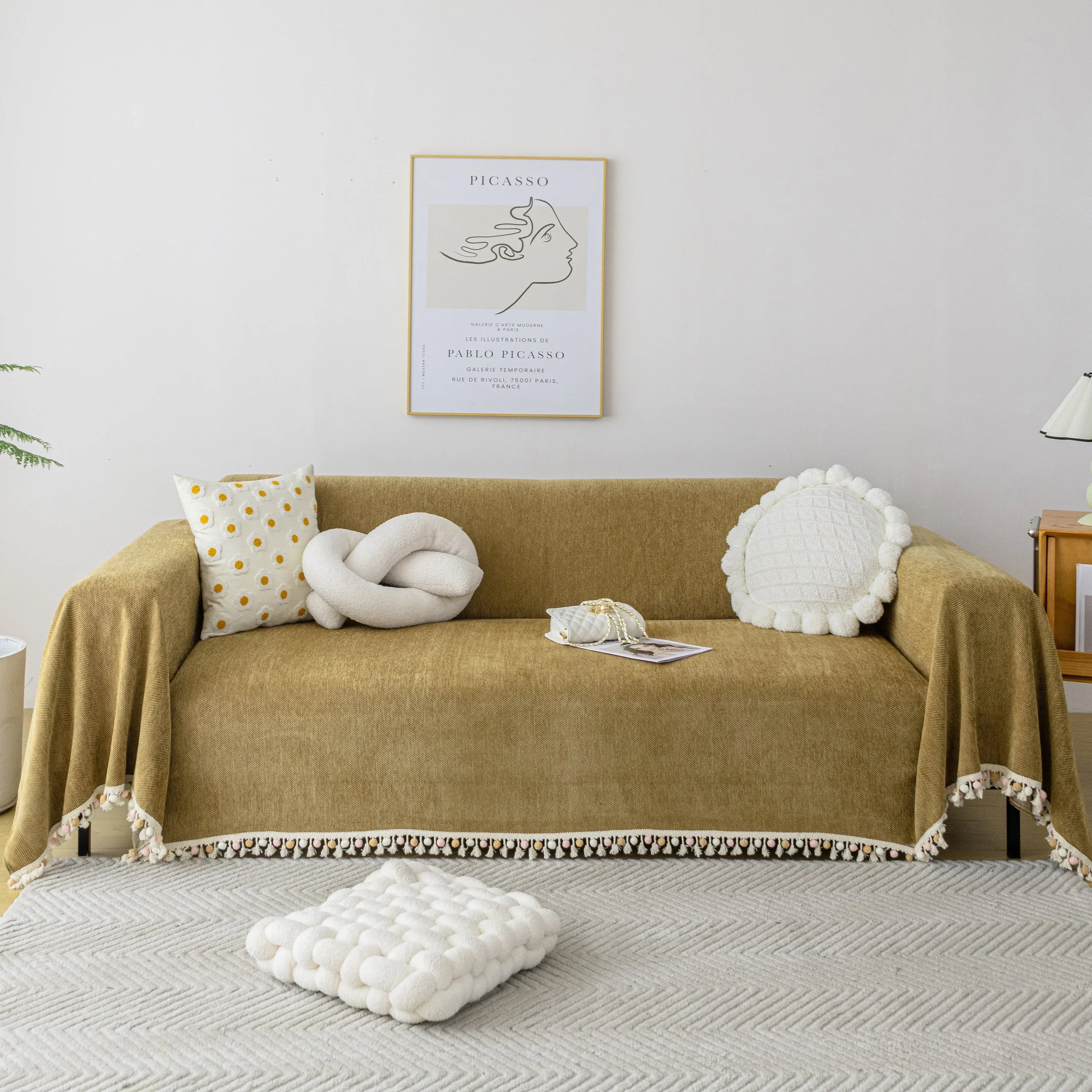 Couch Cover Sectional L Shape Chenille Herringbone Couch Throw Cover with Tassel Pom-Poms for Pets - TaroTextile