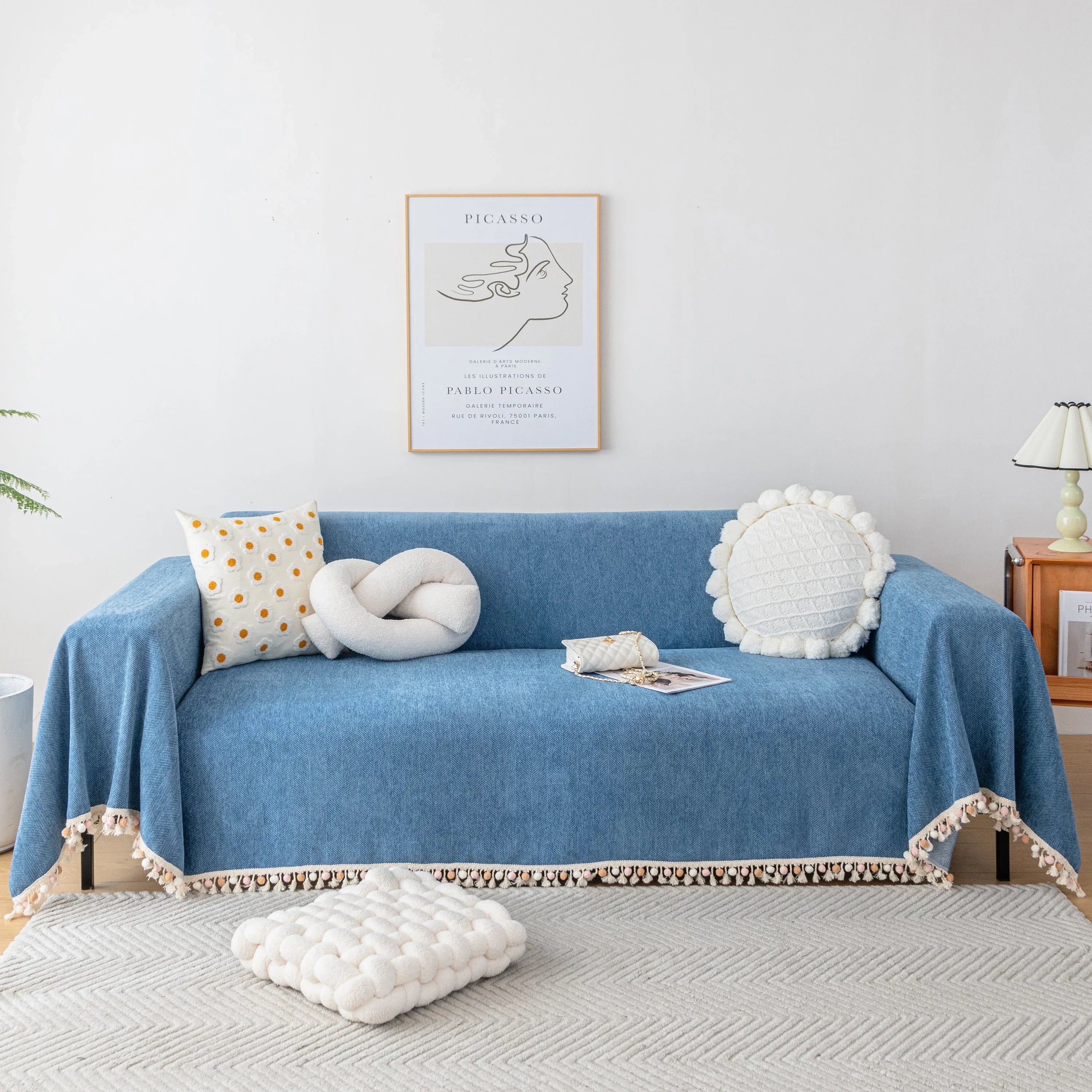 Couch Cover Sectional L Shape Chenille Herringbone Couch Throw Cover with Tassel Pom-Poms for Pets - TaroTextile