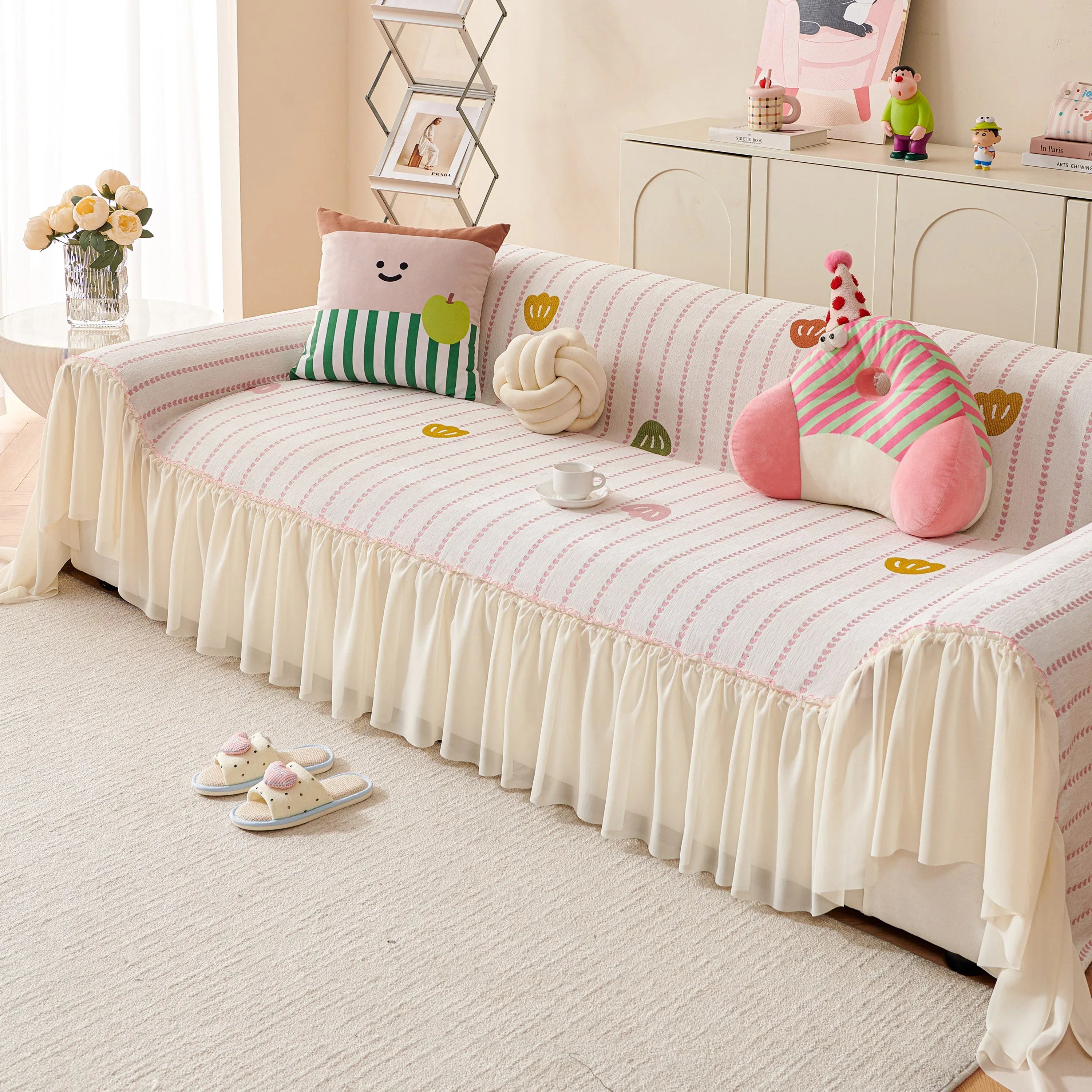 Cute Dotted Stripe Couch Protector, Non-Slip Washable Sofa Cover with Ruffled Skirt - TaroTextile
