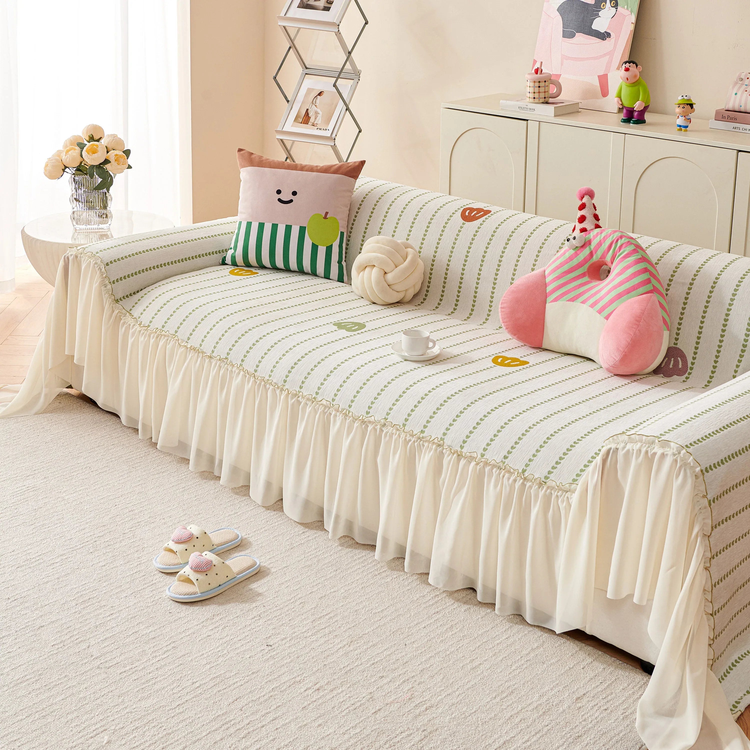 Cute Dotted Stripe Couch Protector, Non-Slip Washable Sofa Cover with Ruffled Skirt - TaroTextile