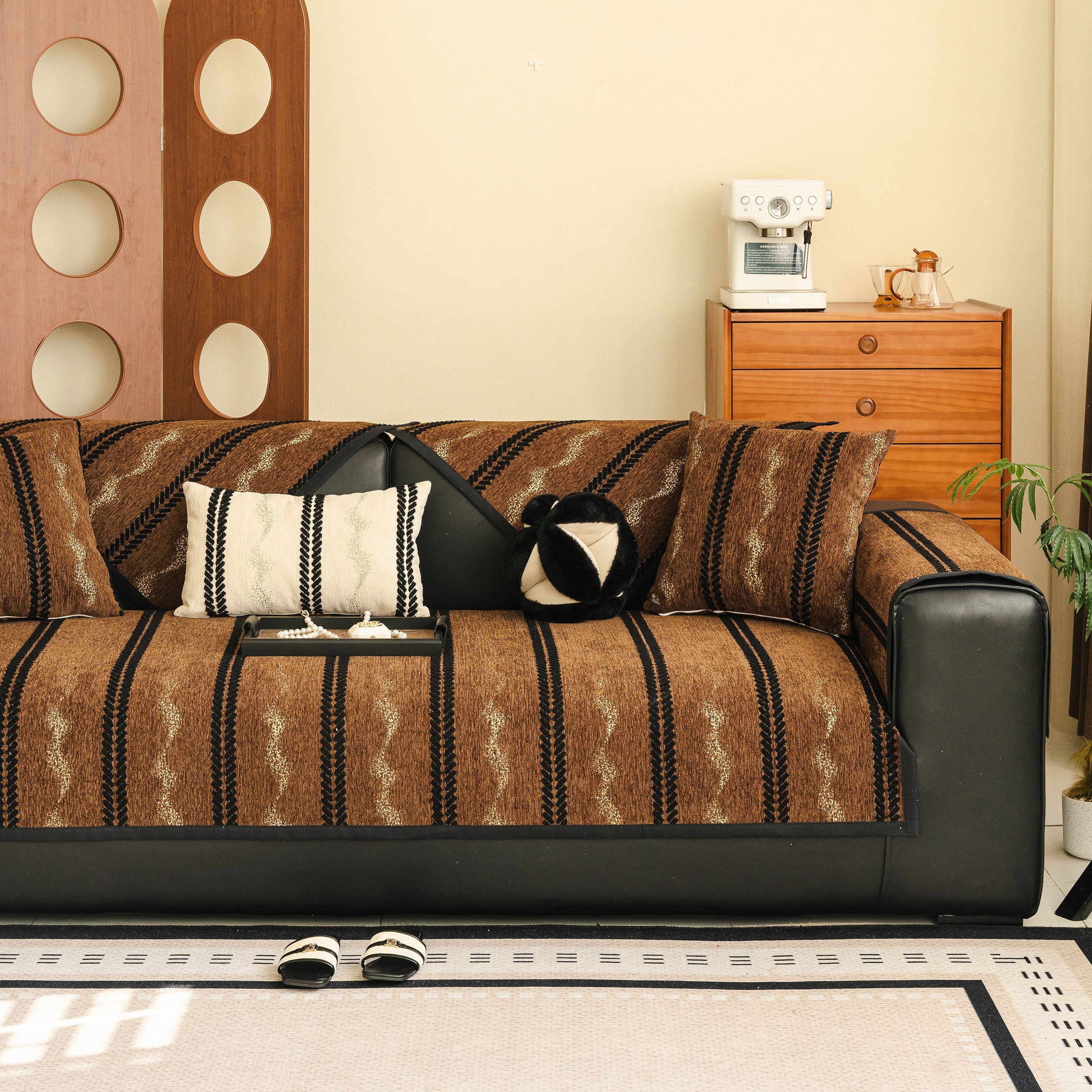 Non-Slip Sofa Cover with Thick Chenille Texture Woven Stripe Couch Protector Throw