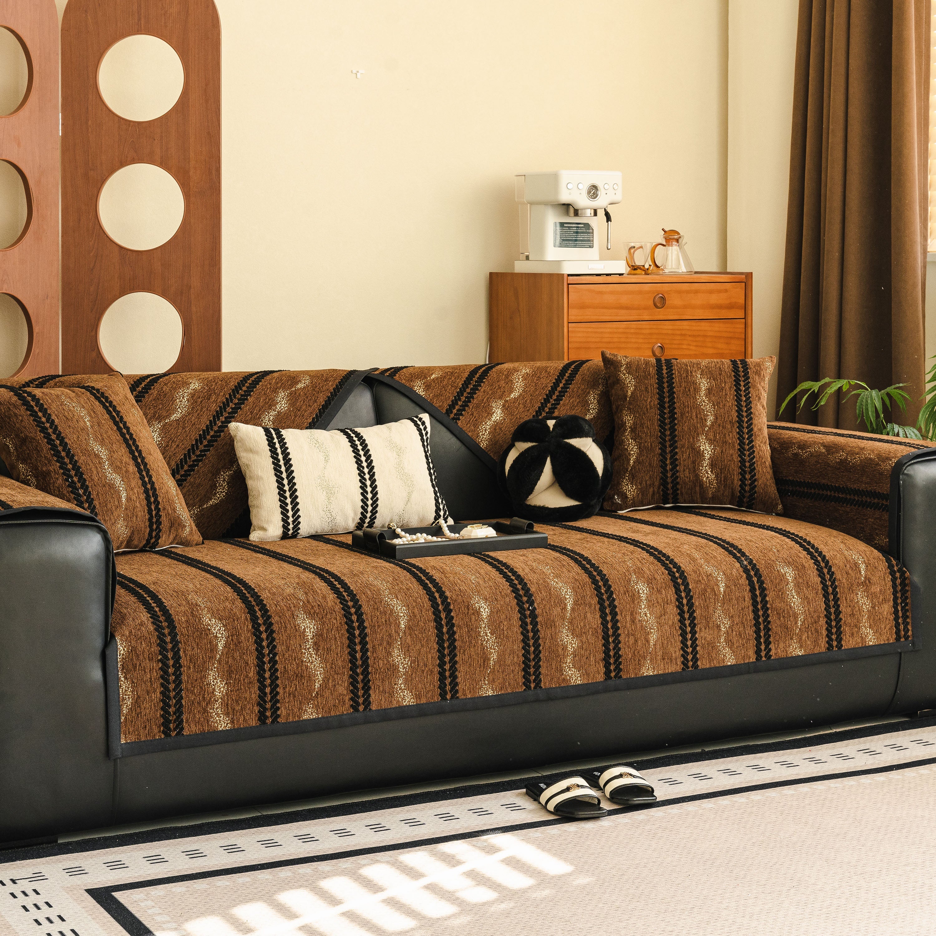 Non-Slip Sofa Cover with Thick Chenille Texture Woven Stripe Couch Protector Throw