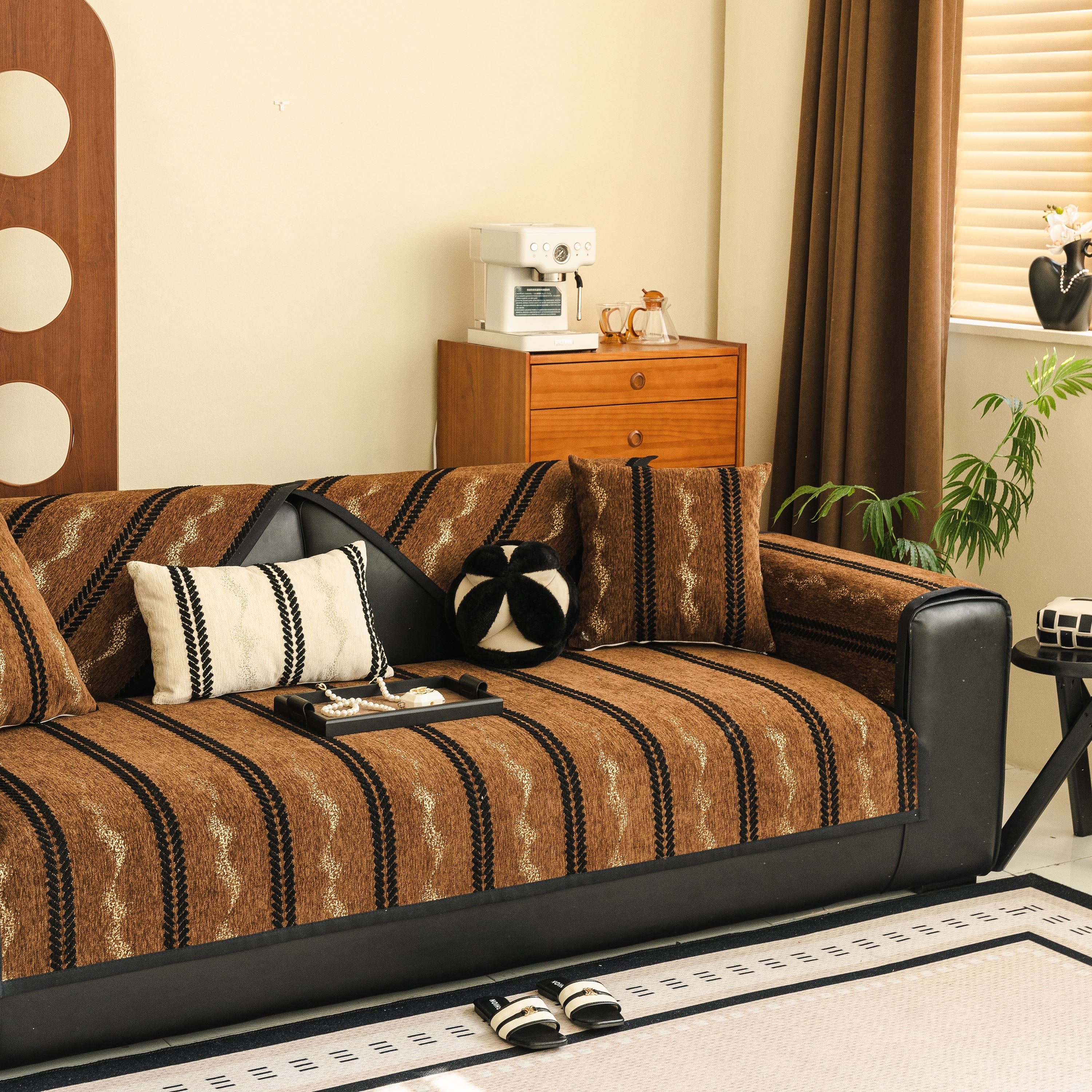 Non-Slip Sofa Cover with Thick Chenille Texture Woven Stripe Couch Protector Throw