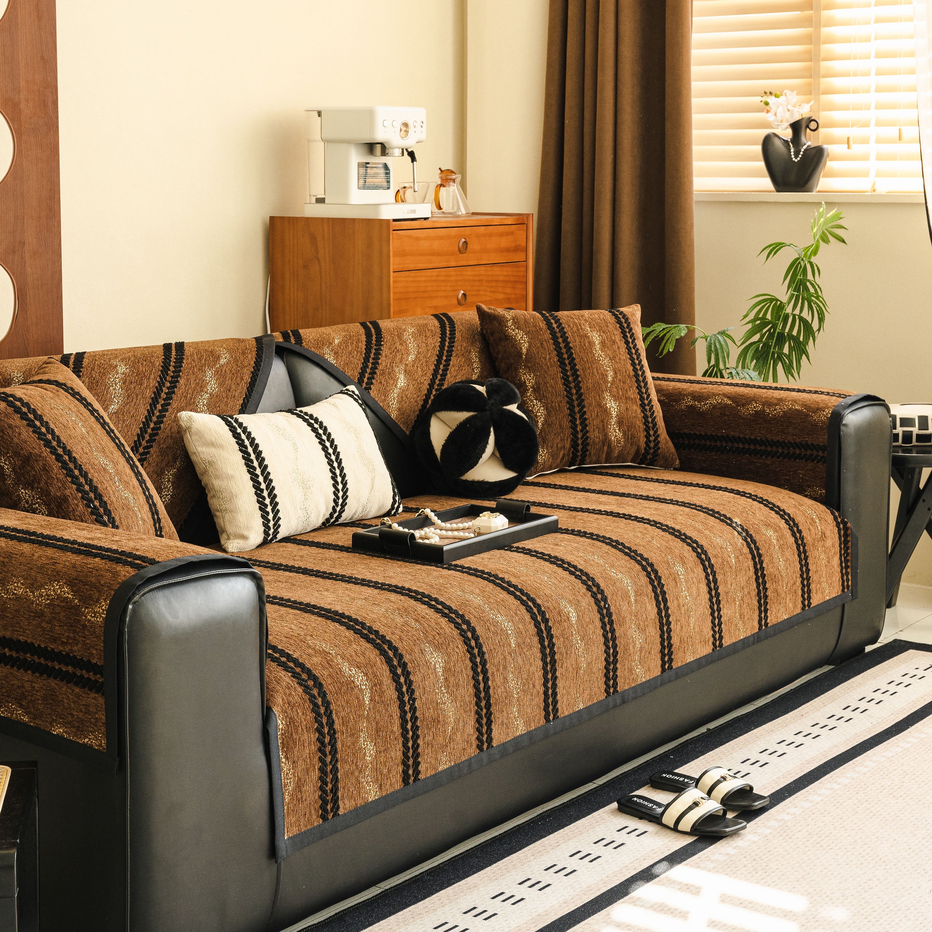 Non-Slip Sofa Cover with Thick Chenille Texture Woven Stripe Couch Protector Throw