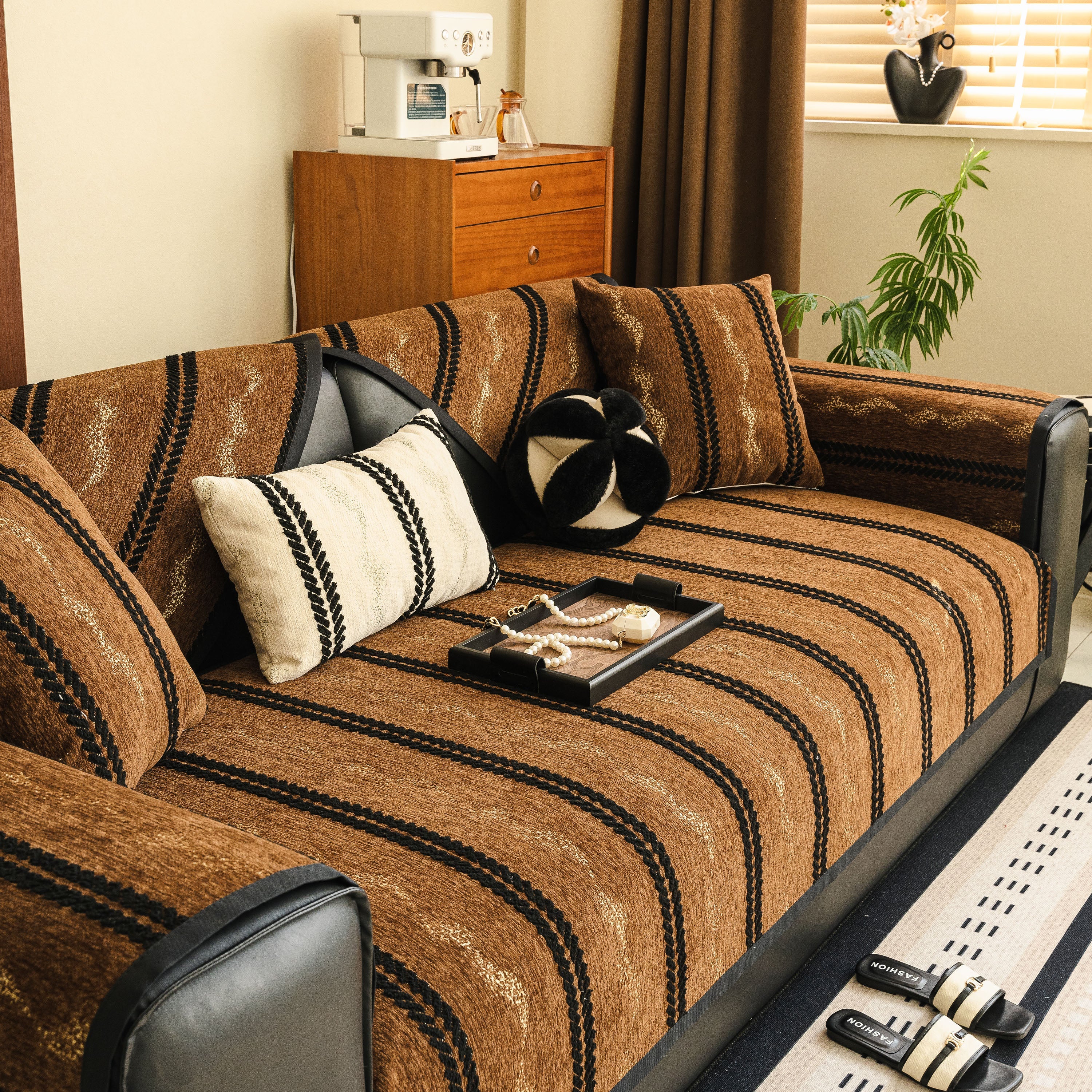 Non-Slip Sofa Cover with Thick Chenille Texture Woven Stripe Couch Protector Throw