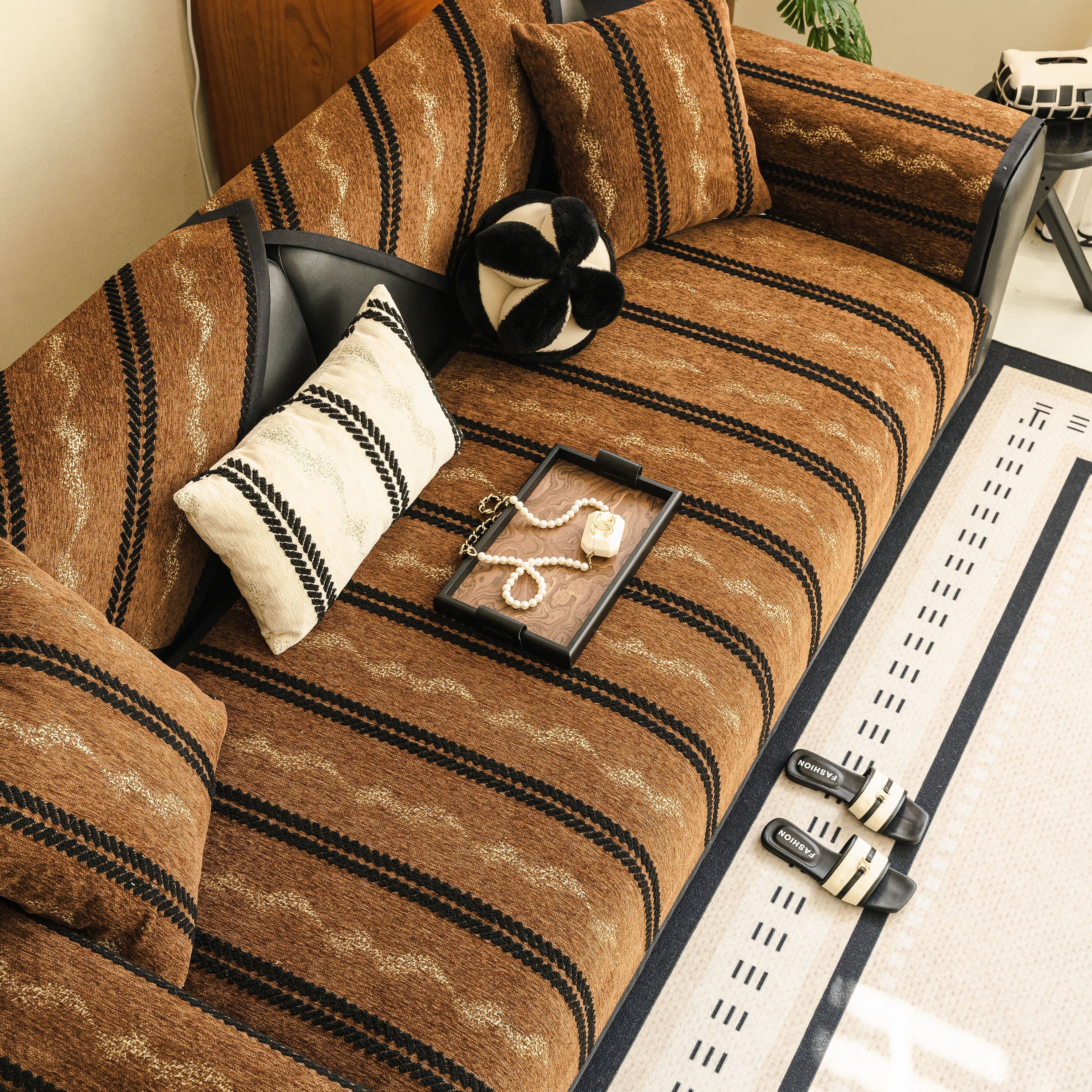 Non-Slip Sofa Cover with Thick Chenille Texture Woven Stripe Couch Protector Throw