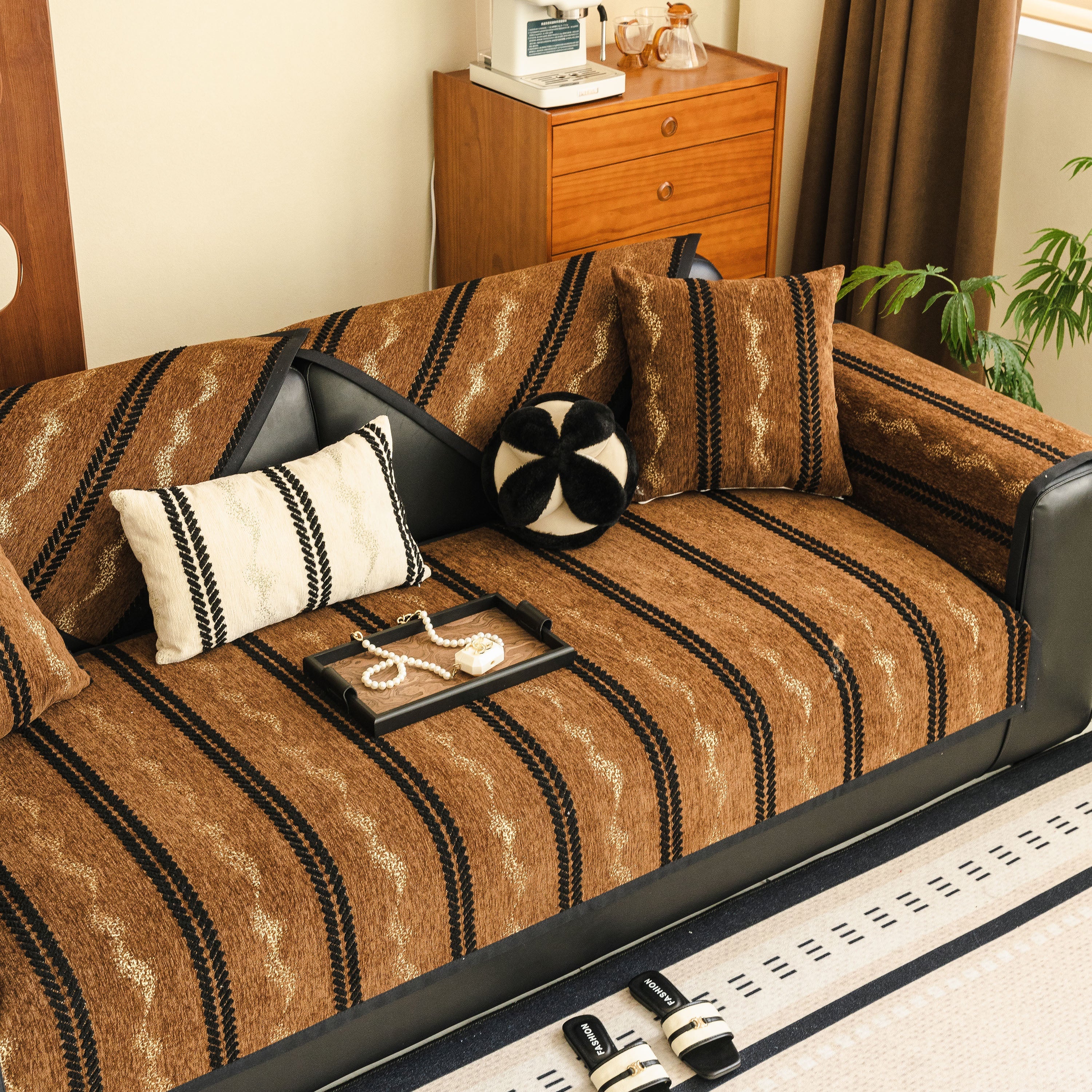 Non-Slip Sofa Cover with Thick Chenille Texture Woven Stripe Couch Protector Throw