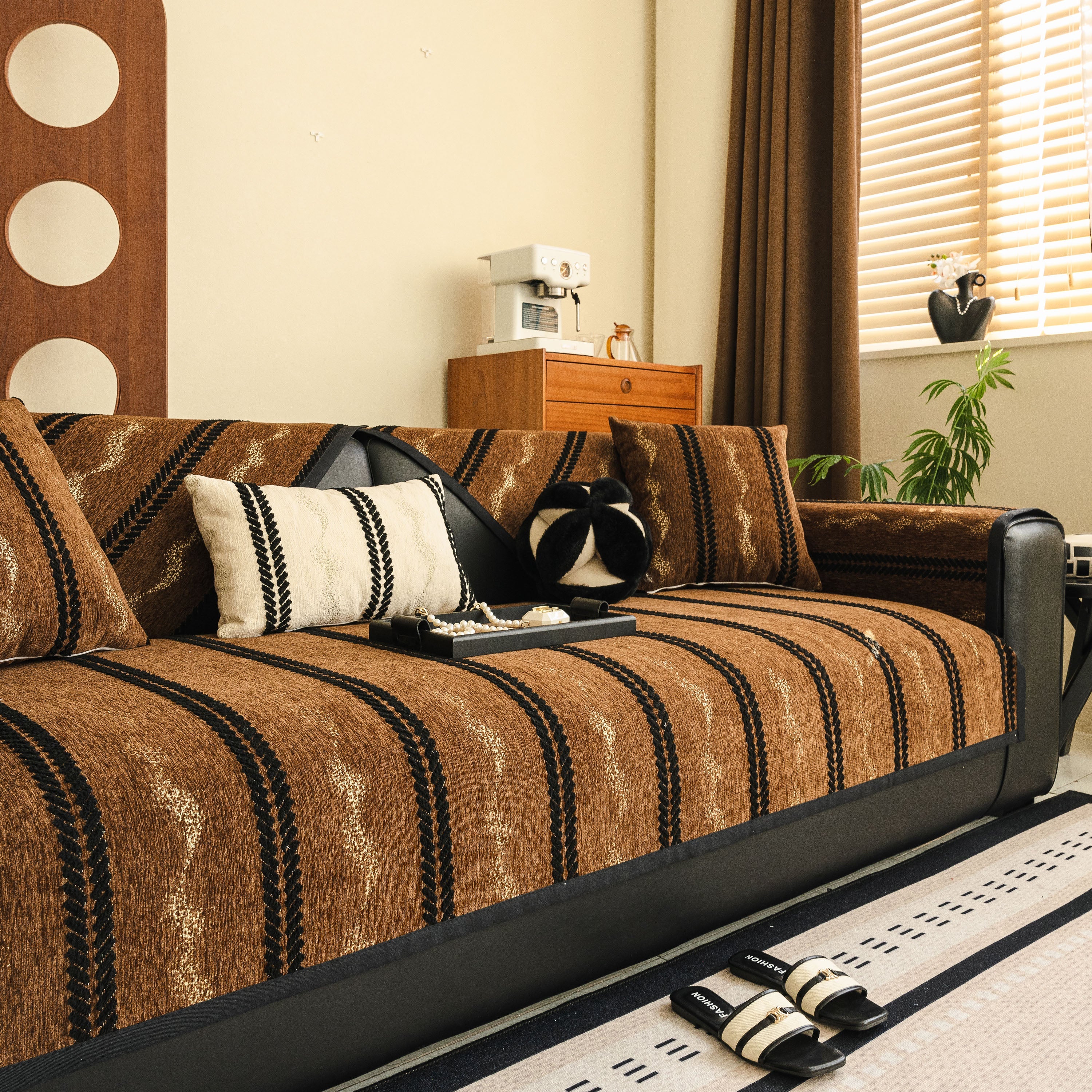 Non-Slip Sofa Cover with Thick Chenille Texture Woven Stripe Couch Protector Throw