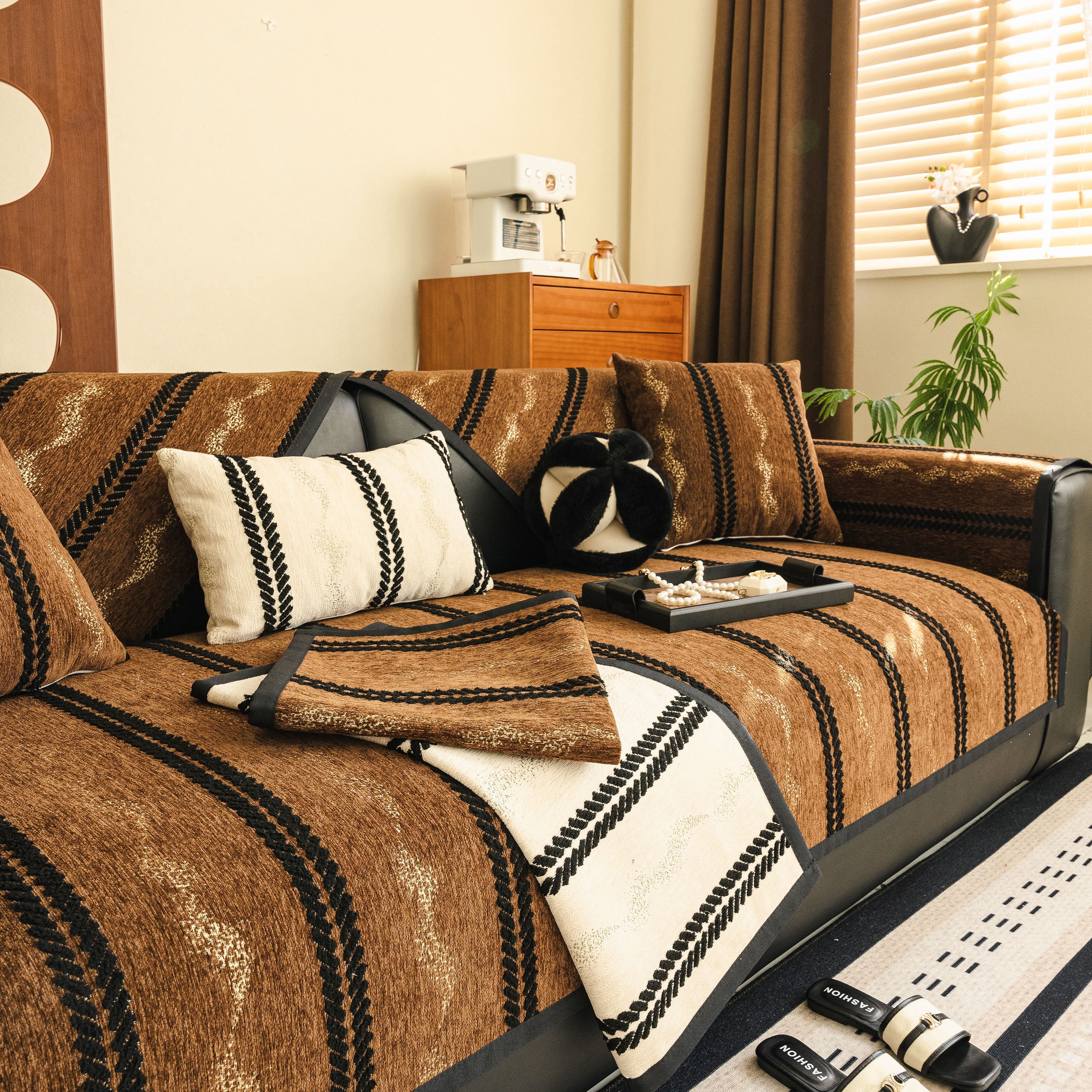 Non-Slip Sofa Cover with Thick Chenille Texture Woven Stripe Couch Protector Throw