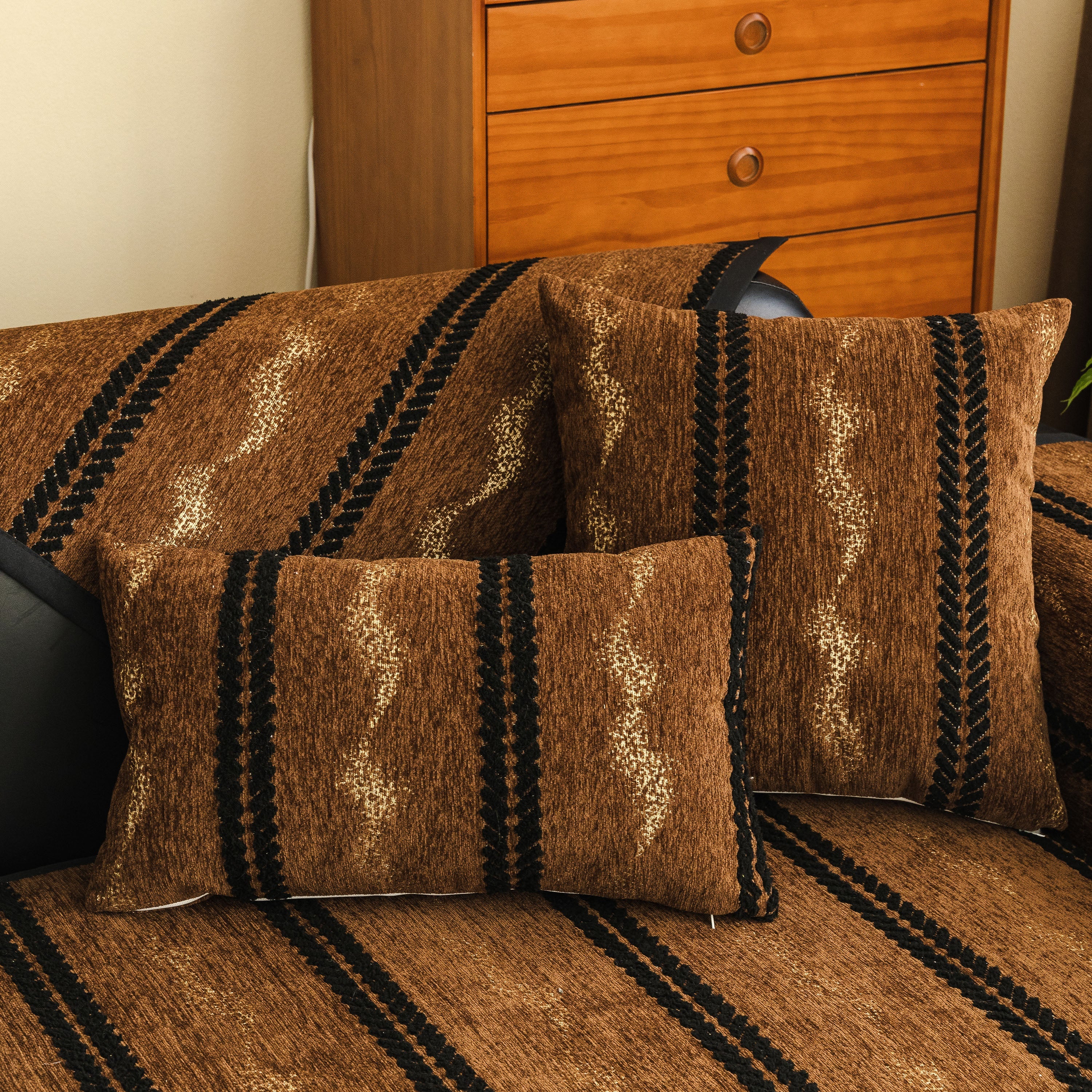 Non-Slip Sofa Cover with Thick Chenille Texture Woven Stripe Couch Protector Throw