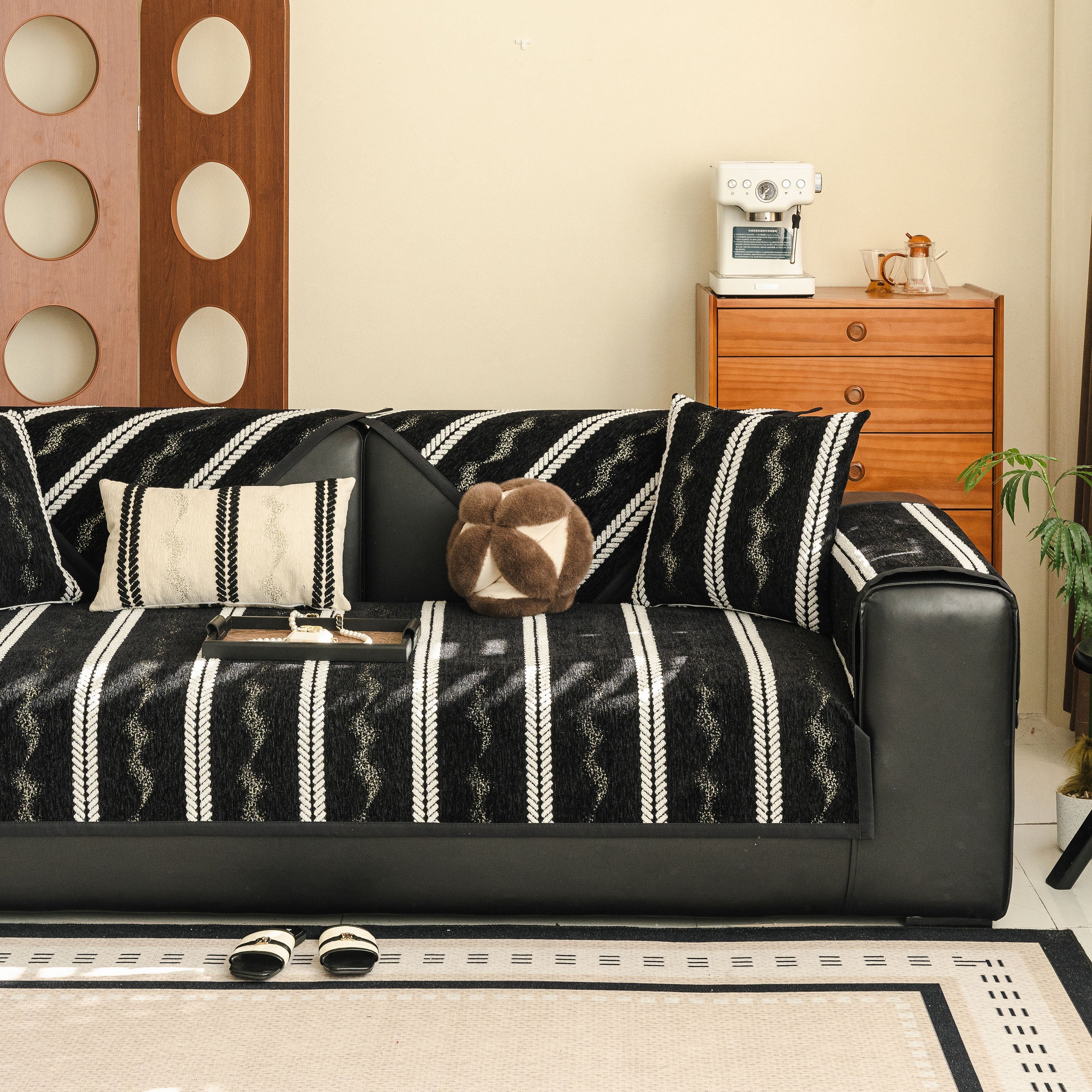 Non-Slip Sofa Cover with Thick Chenille Texture Woven Stripe Couch Protector Throw