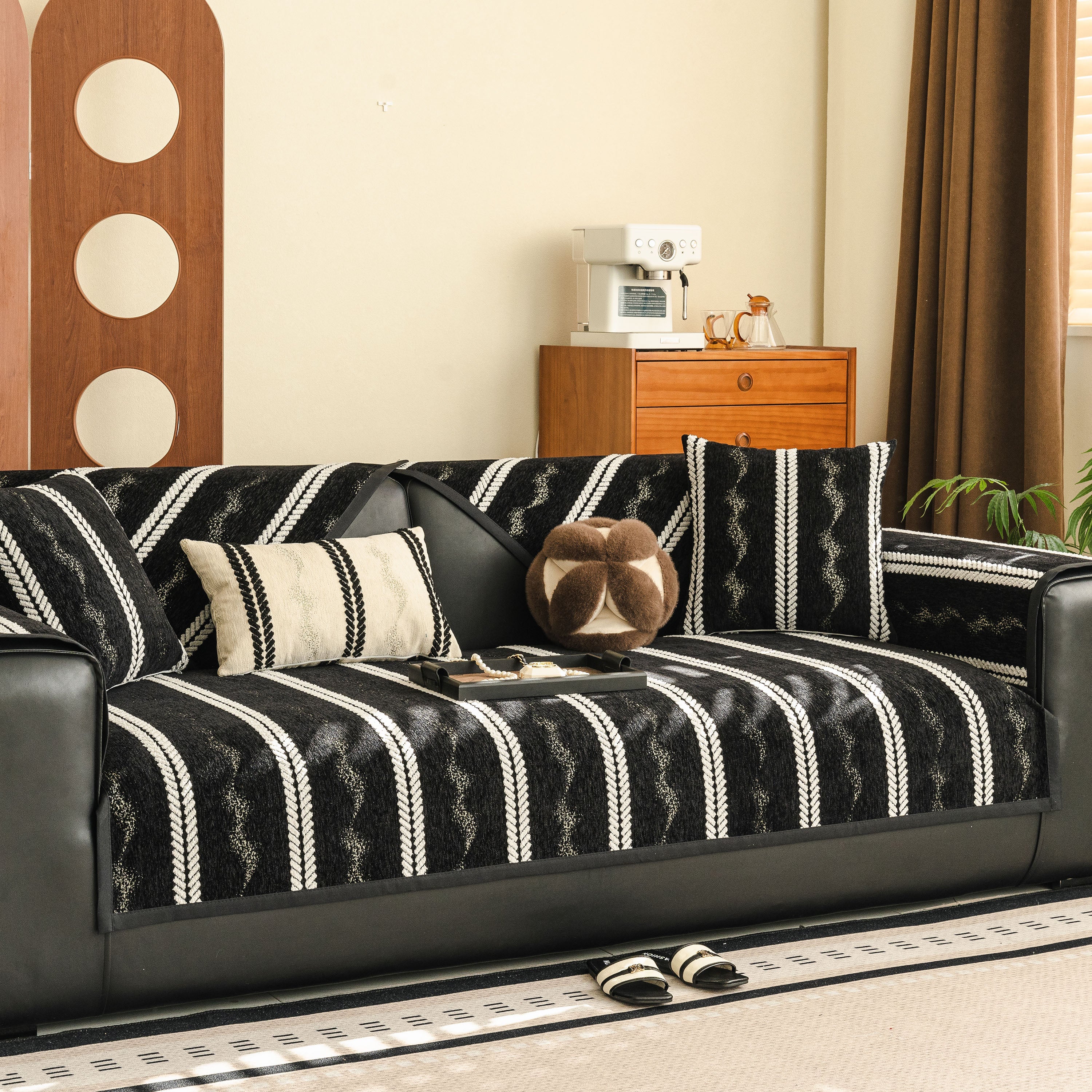 Non-Slip Sofa Cover with Thick Chenille Texture Woven Stripe Couch Protector Throw